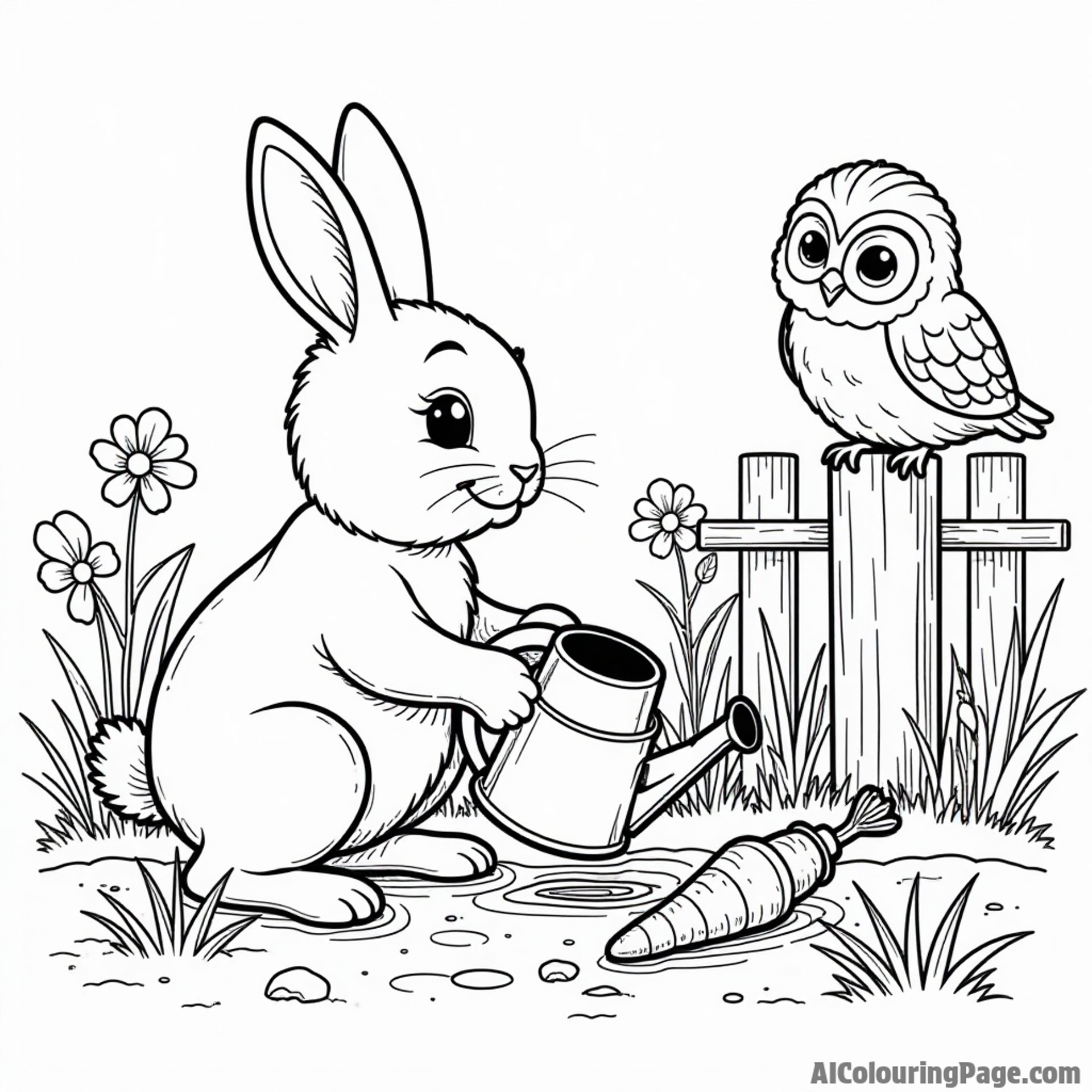 Rabbit planting carrots in a garden, with a watering can and a cheerful owl perched on a fence nearby.