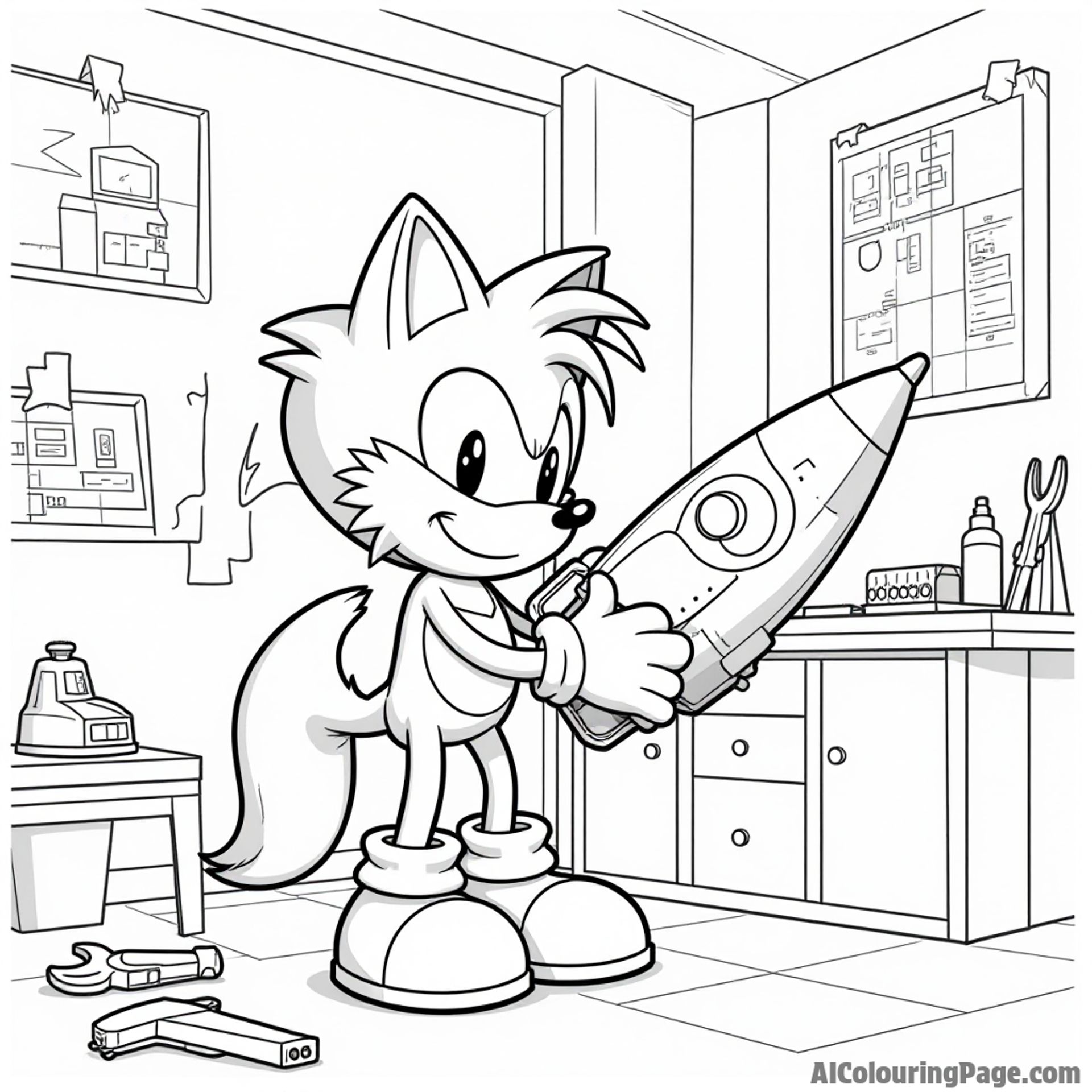Tails building a rocket ship in his workshop, with tools scattered around and blueprints pinned to the walls for inspiration.