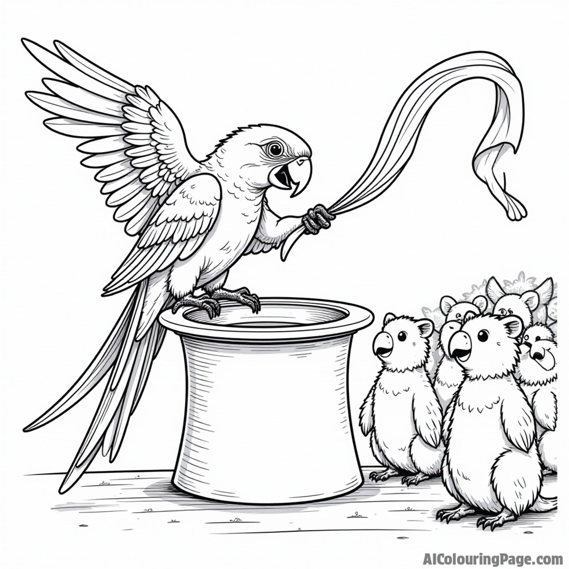 A parrot magician pulling a colorful scarf from a top hat, with amazed animals watching in the audience
