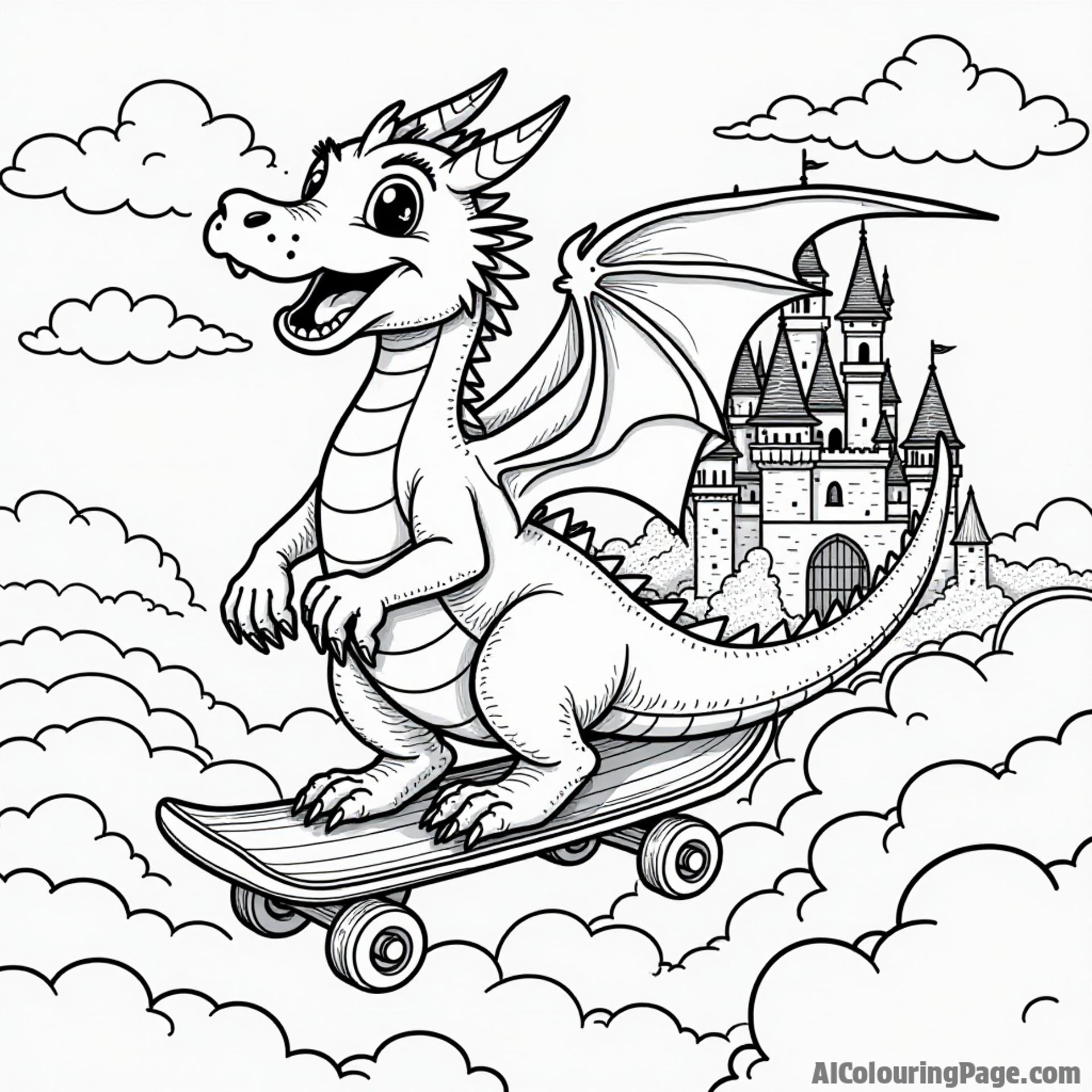 A whimsical dragon skateboarding through clouds, with a castle in the background, creating an enchanting scene for kids to color and explore their imagination.