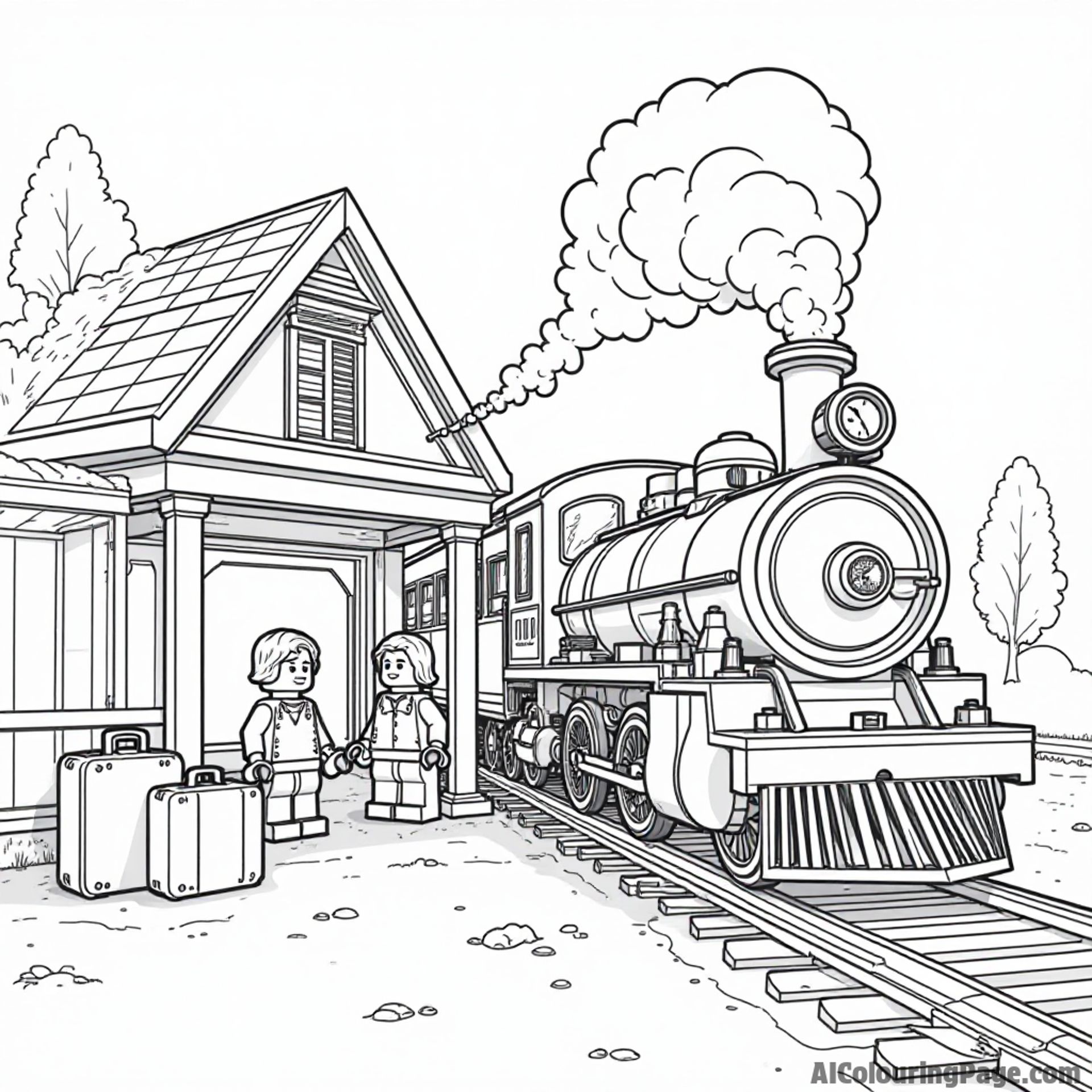 A LEGO train station with a vintage steam train, passengers waiting, and suitcases piled up on the platform.