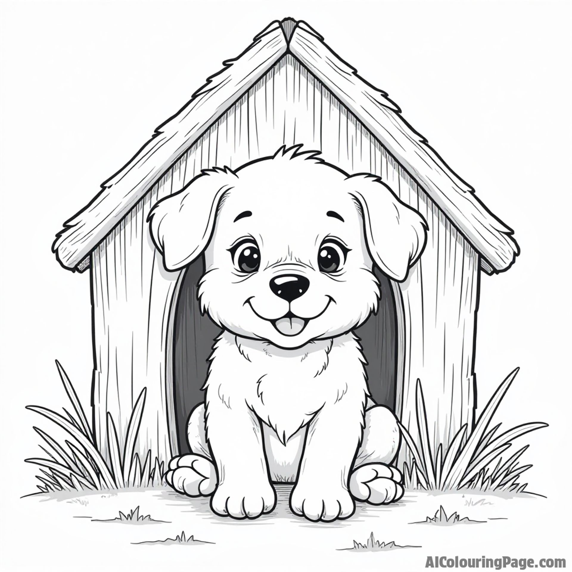 Puppy coloring page, peeking out from a dog house, cozy scene, friendly appearance.
