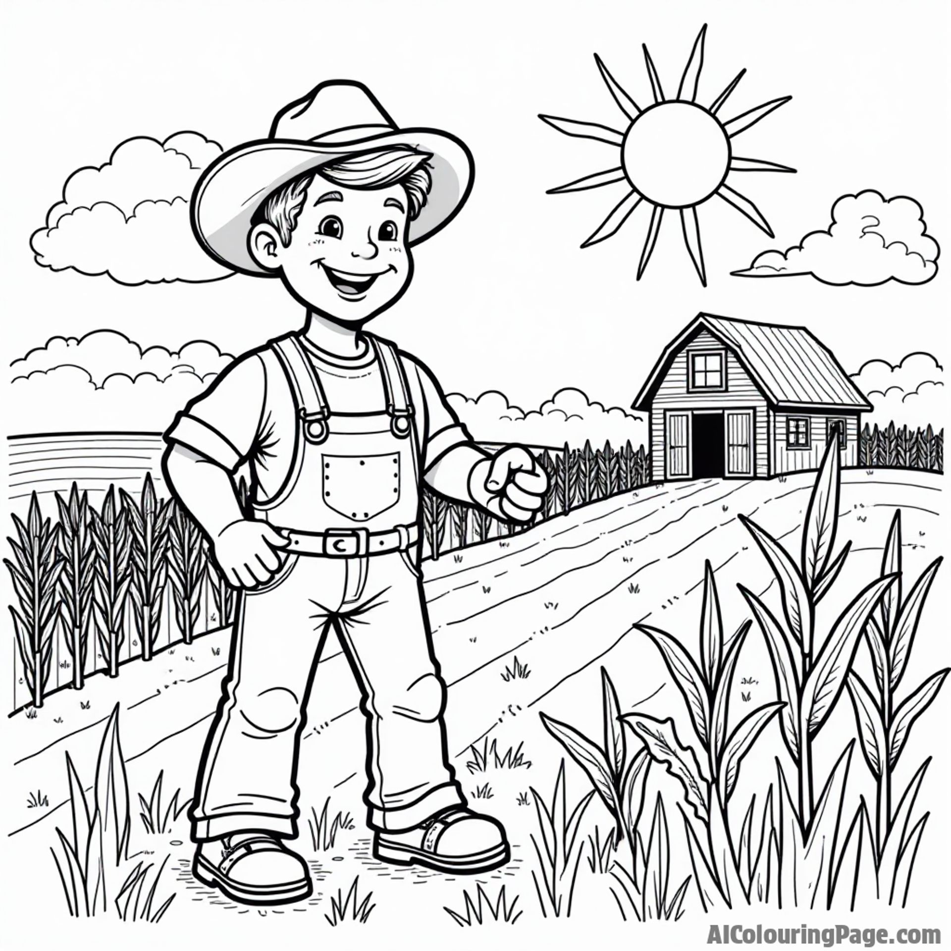 A cheerful farmer tending to a cornfield in Missouri with a red barn and a bright sun in the sky.