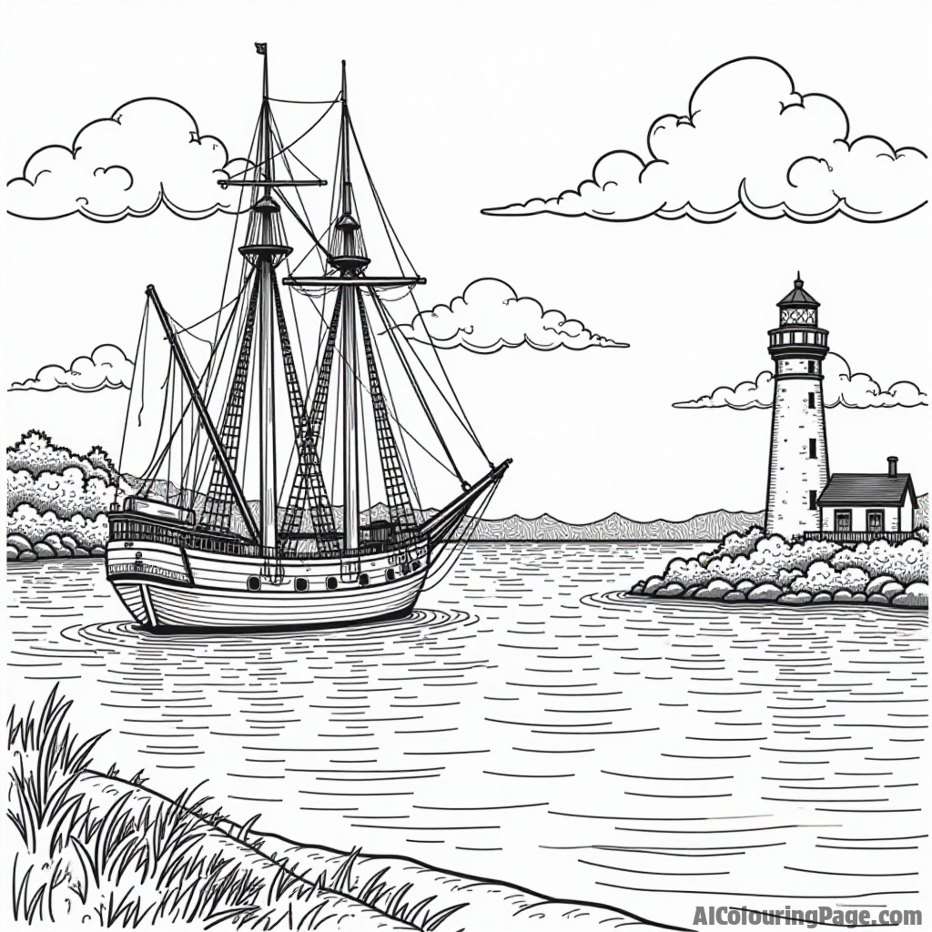 A scenic view of Mystic Seaport, with tall ships, a lighthouse, and waves, ideal for imaginative coloring moments.