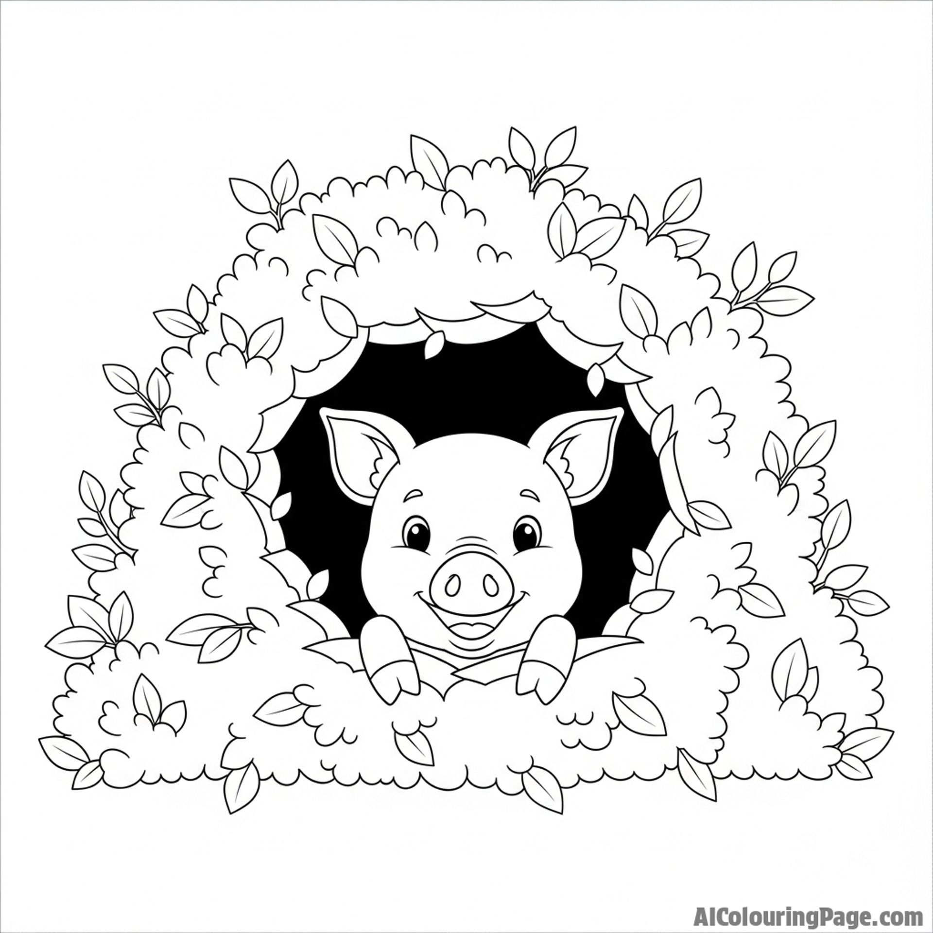 A piglet peeking through a hole in a leafy hedge.