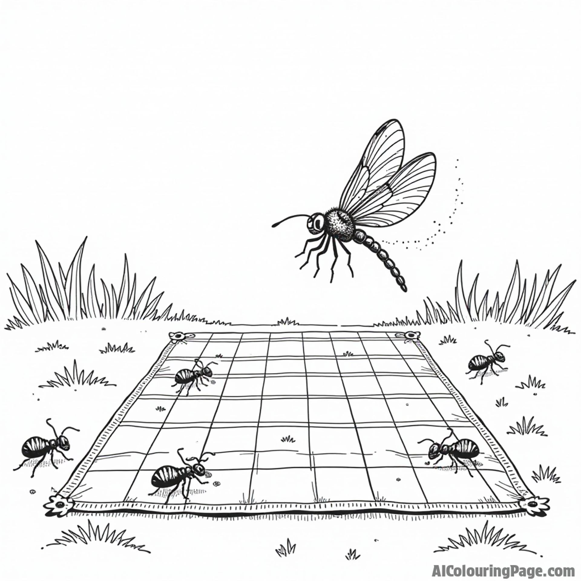 A dragonfly fluttering around a picnic scene with ants carrying crumbs and a bright checkered blanket spread out.