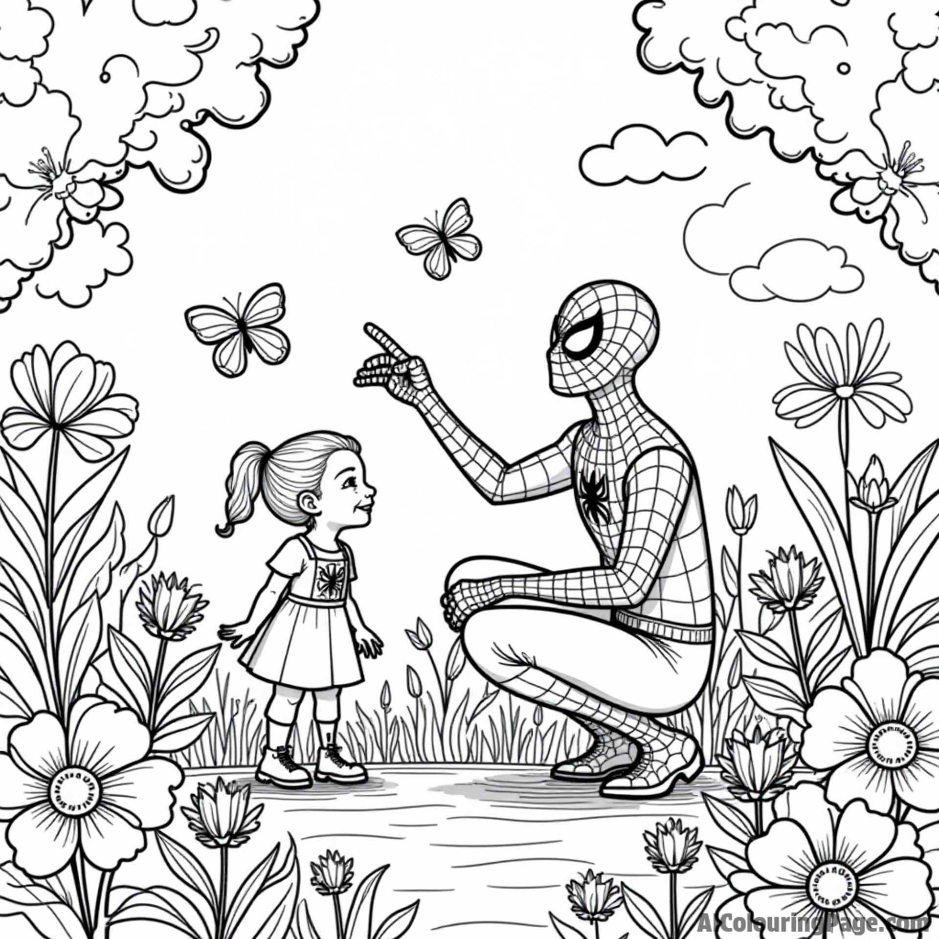 Spiderman helping children create a garden mural, colorful flowers and butterflies around, smiles on their faces