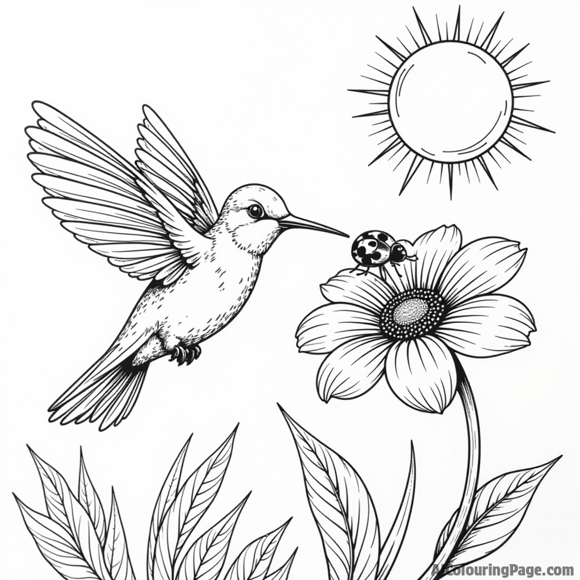 A hummingbird and a ladybug sharing a flower, with a big sun shining in the sky above.