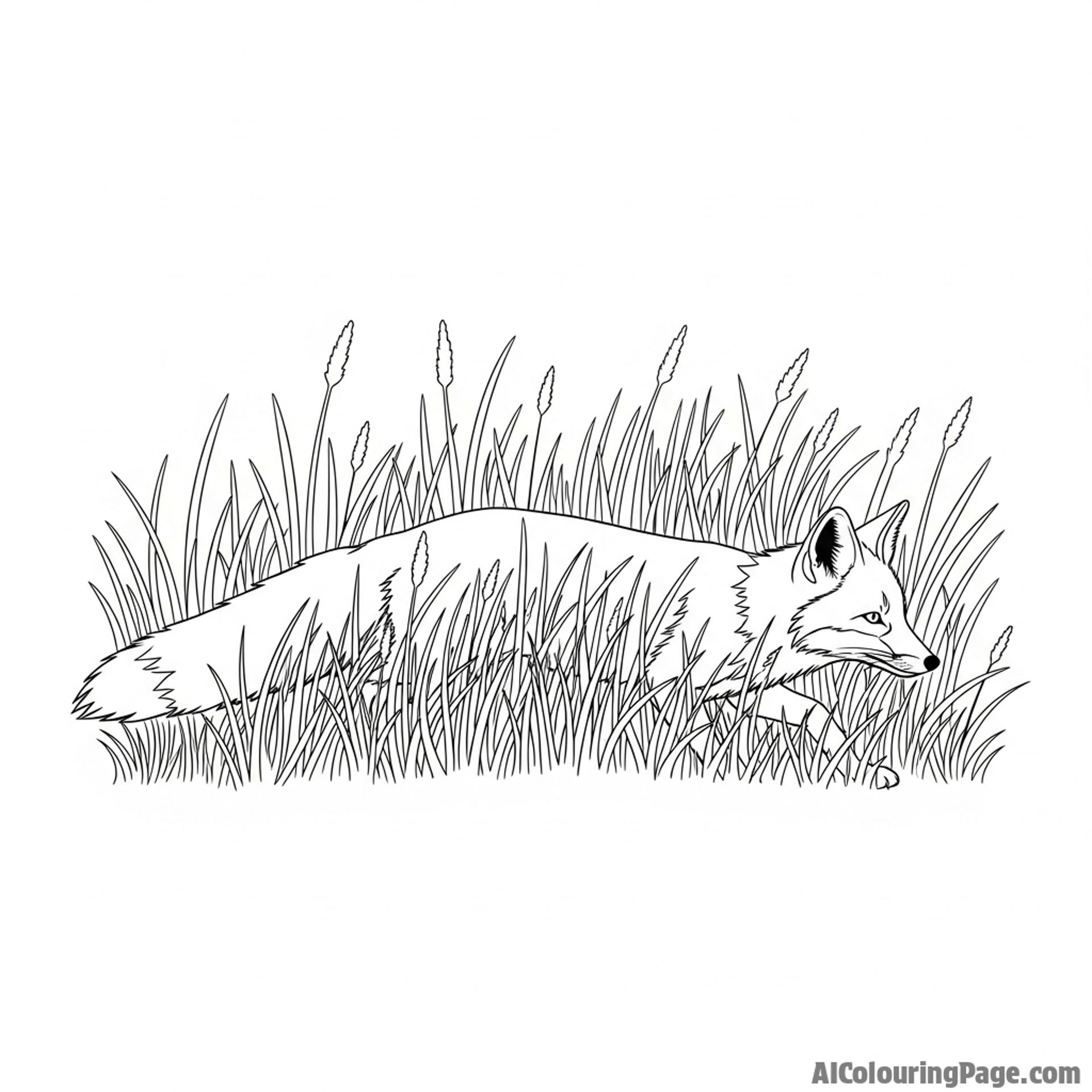 A fox stalking through tall, dry grass, its body low to the ground.