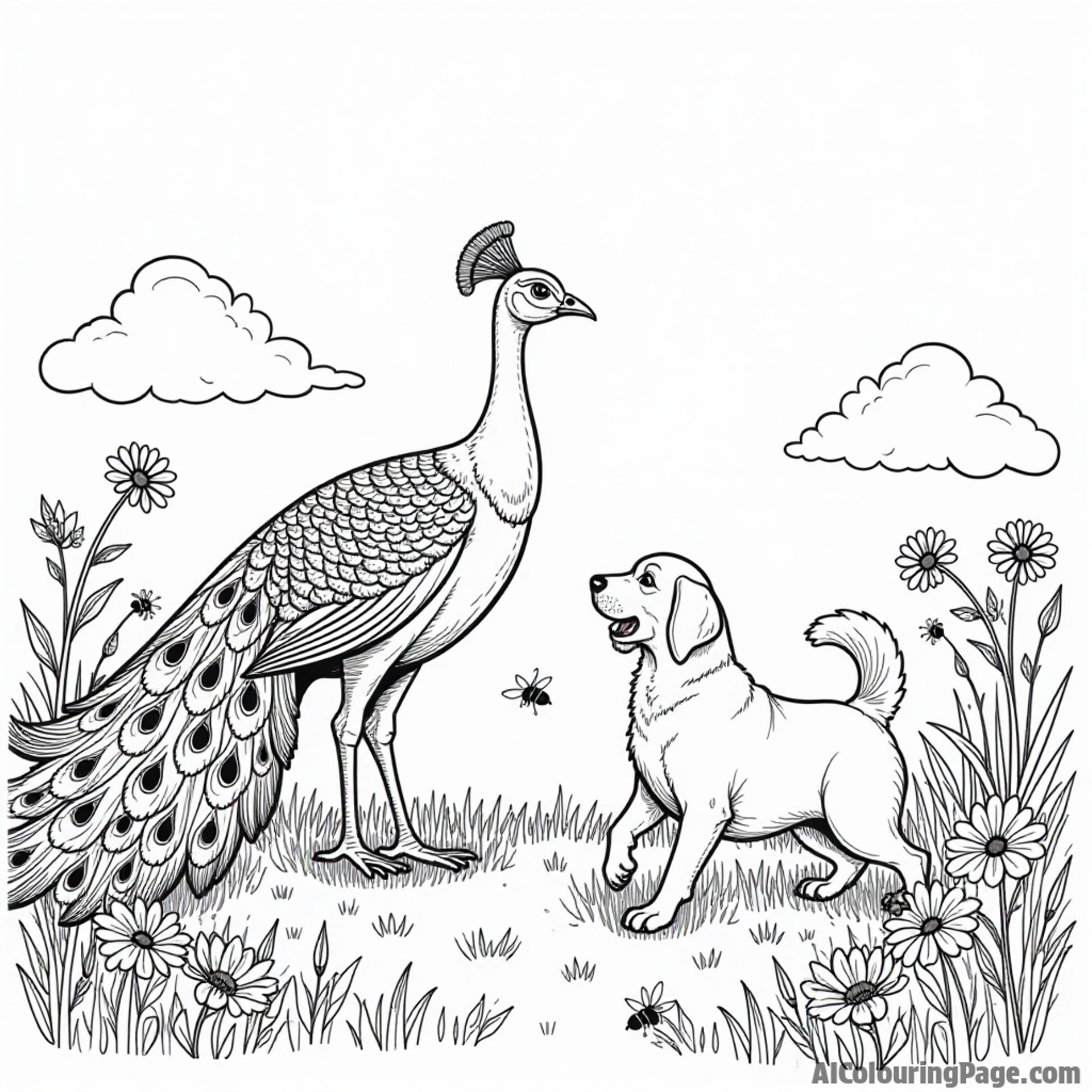 A peacock and a dog playing fetch in a grassy field, surrounded by colorful wildflowers and buzzing bees