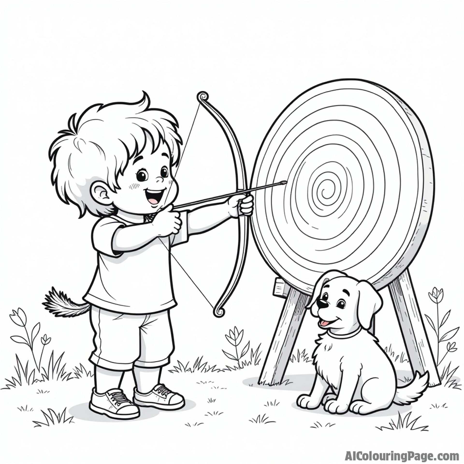 A cheerful child drawing a bow and arrow, aiming at a large bullseye target, with a friendly dog sitting nearby, ready to cheer them on in a playful outdoor setting.