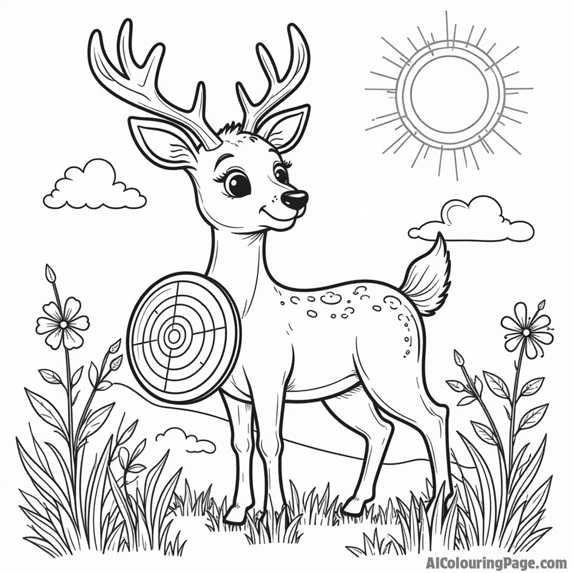 A friendly deer wearing a target on its side, standing in a sunny meadow with colorful flowers, inviting kids to color in this fun archery scene without any colors.