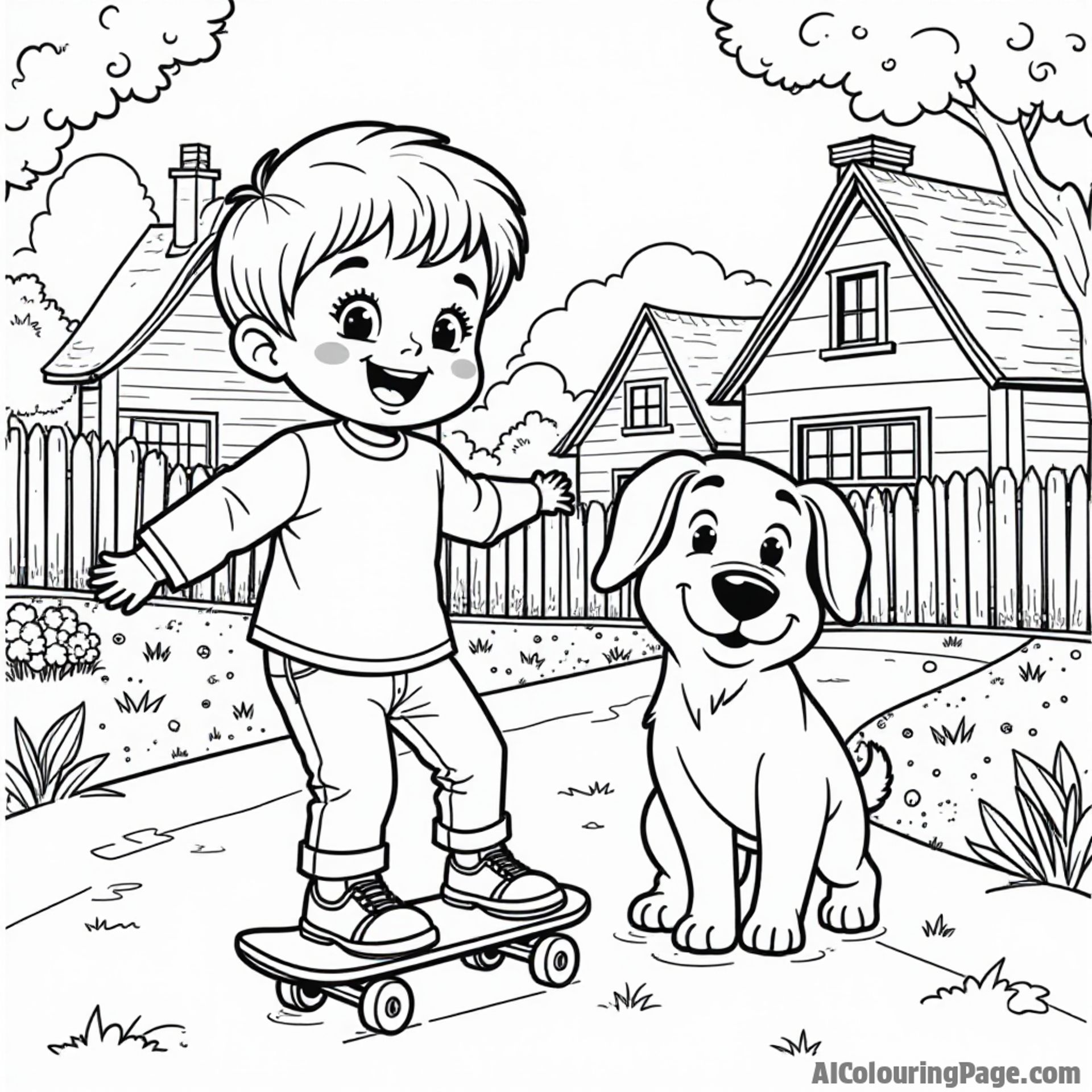 A child and their pet dog skateboarding together in a neighborhood, with houses and a garden in the background, creating a heartwarming scene for kids to color and cherish.