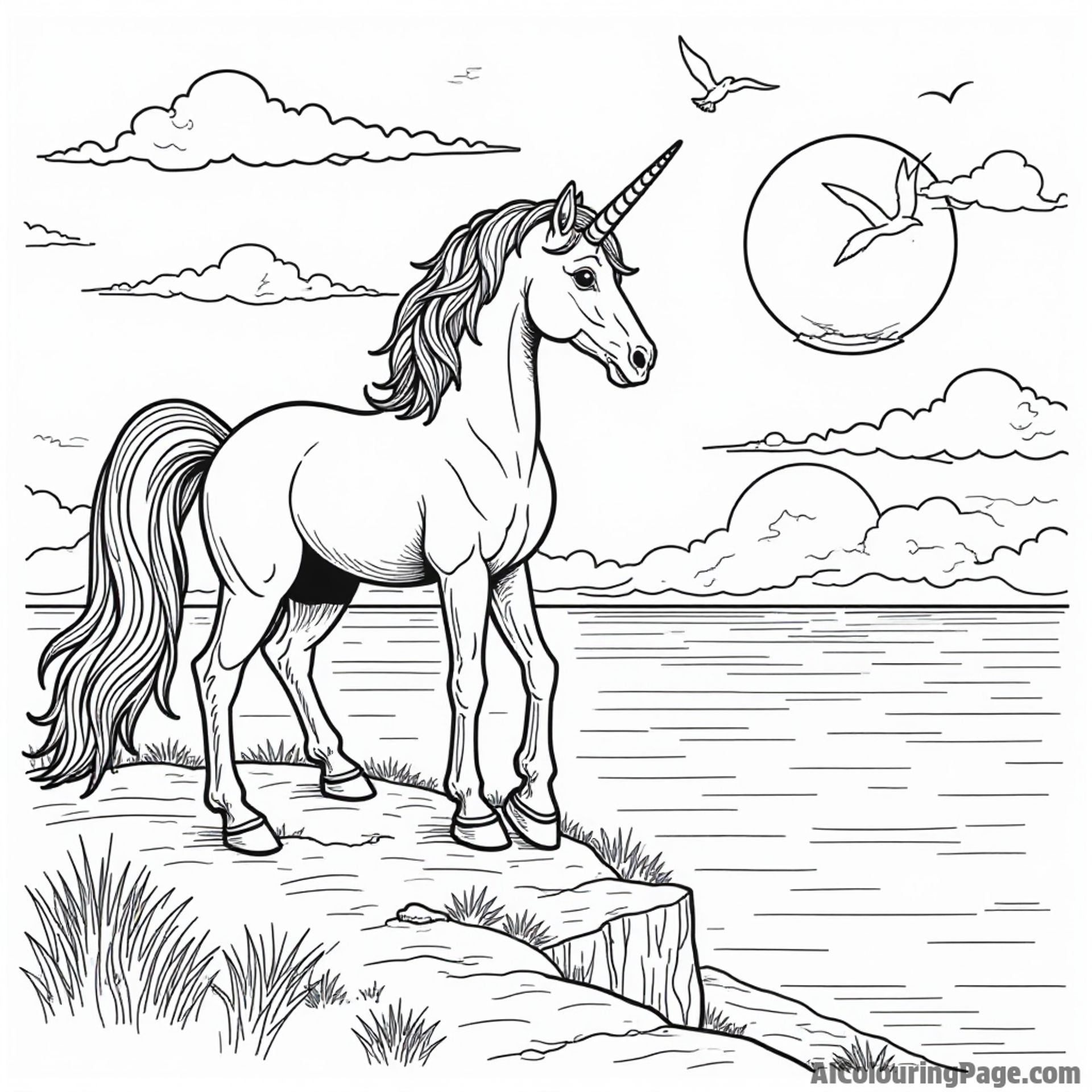 A majestic unicorn standing on a cliff overlooking a vibrant sunset, with birds soaring in the sky, inviting artistic expression.