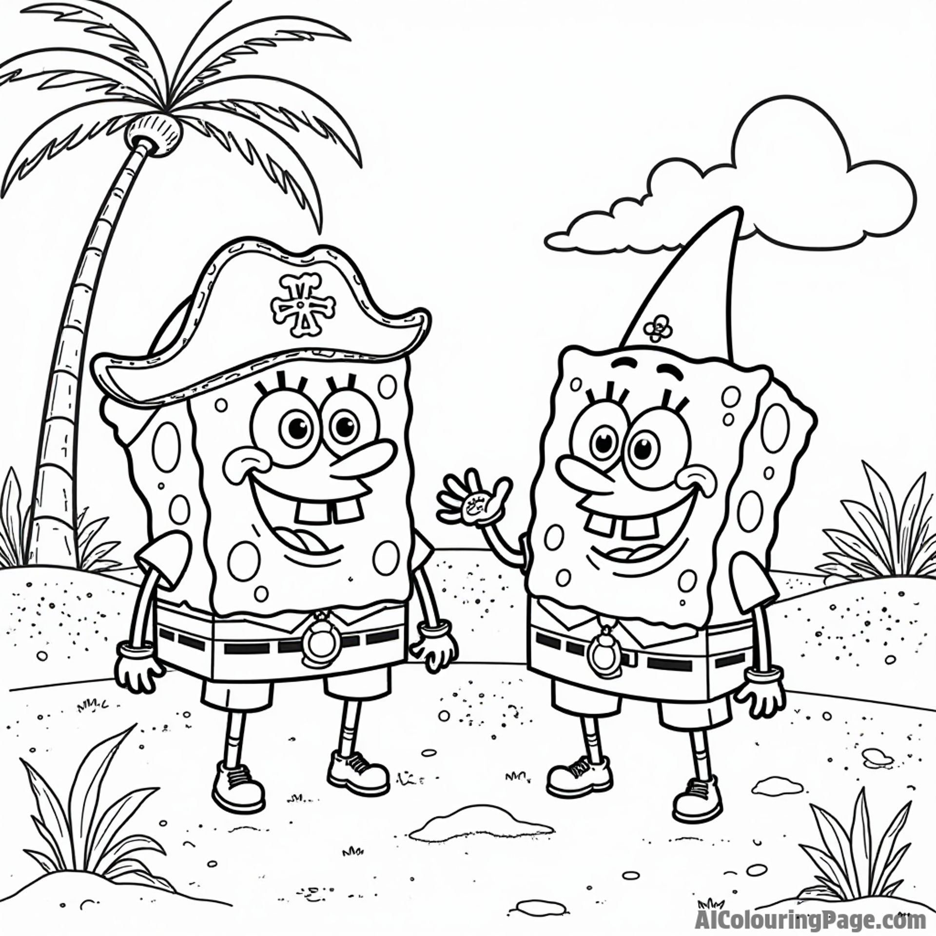 SpongeBob and Patrick dressed as pirates, searching for treasure on a deserted island with a map and compass in hand