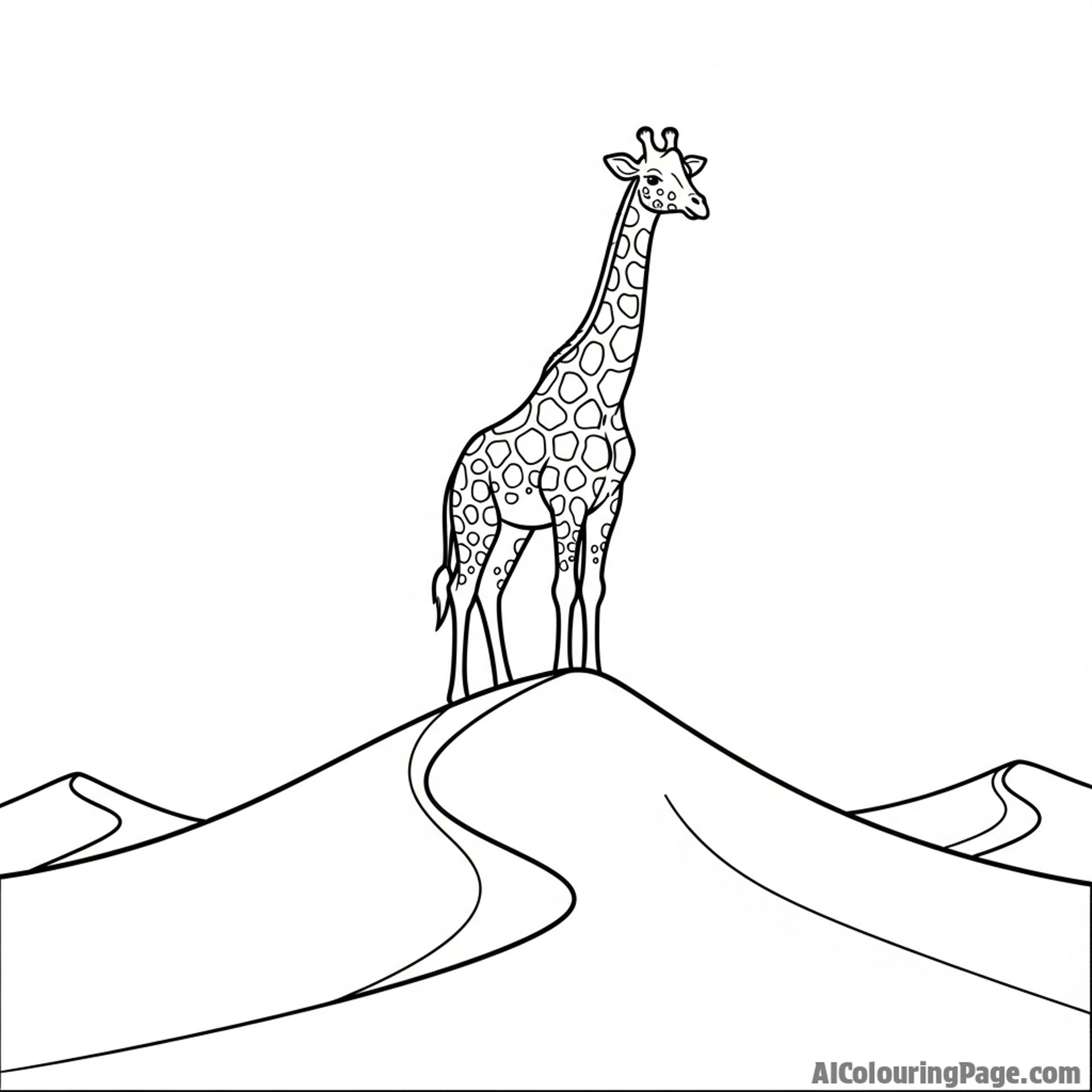 A majestic giraffe standing alone atop a high dune in a vast sand desert.
