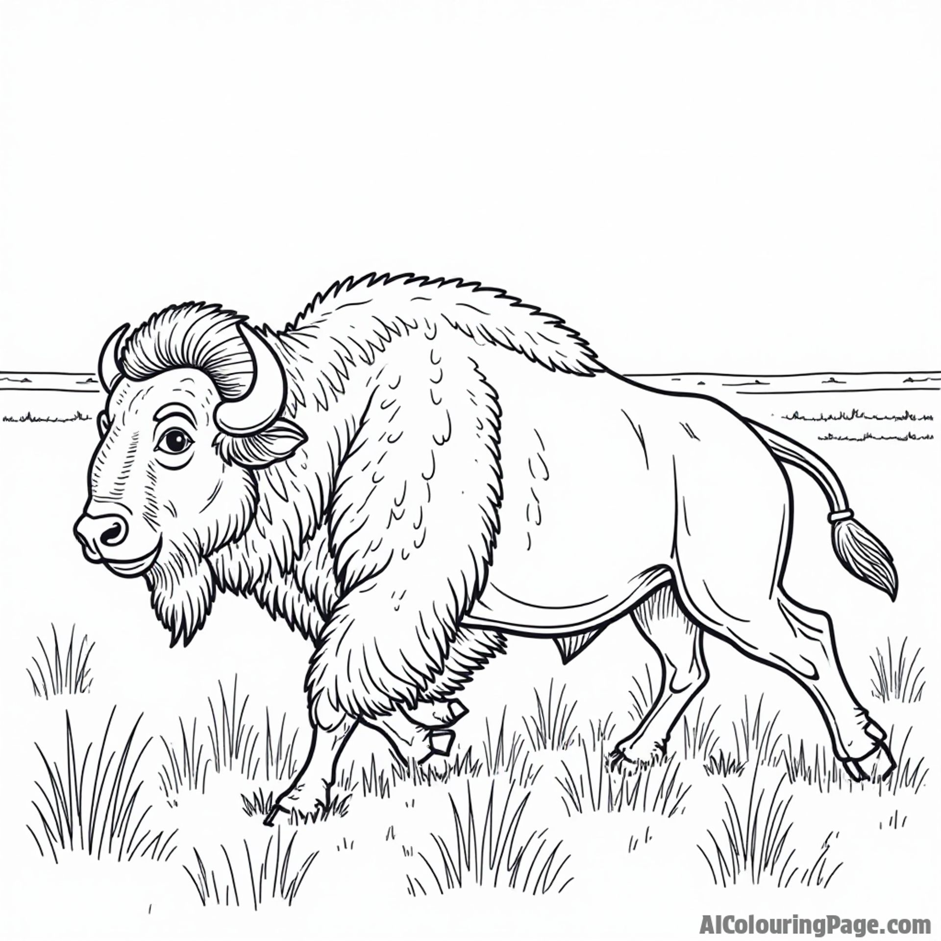 A playful herd of bison roaming across a Nebraska landscape with tall grass and a clear blue sky above.