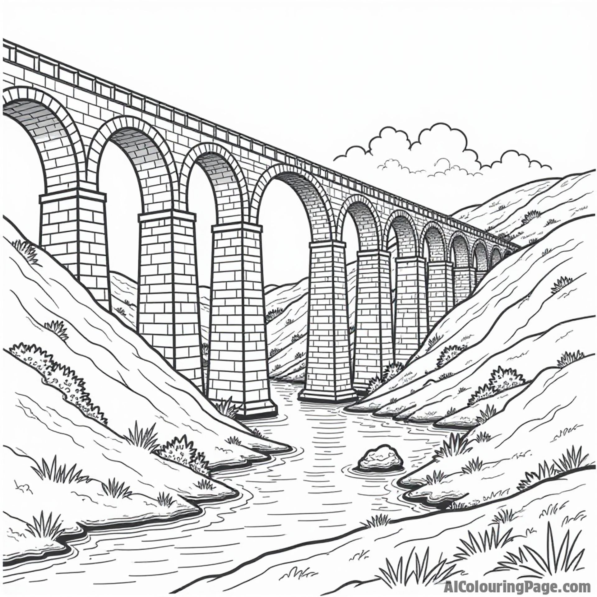 A Roman aqueduct stretching across a valley, showcasing impressive engineering with arches and water flowing, offering a historical scene for children to color and learn about.