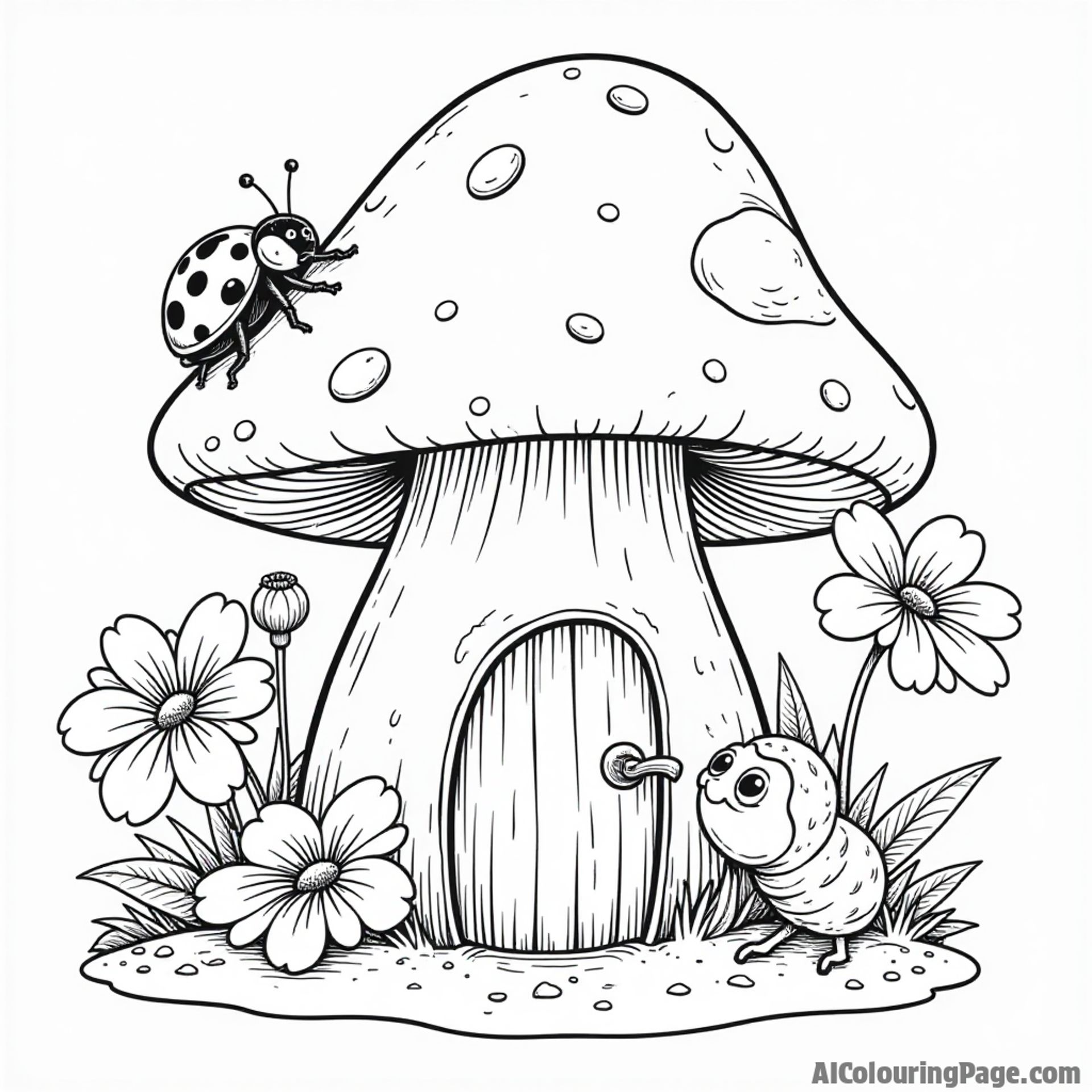 A ladybug exploring a whimsical mushroom house surrounded by flowers and a curious caterpillar peeking out from behind.