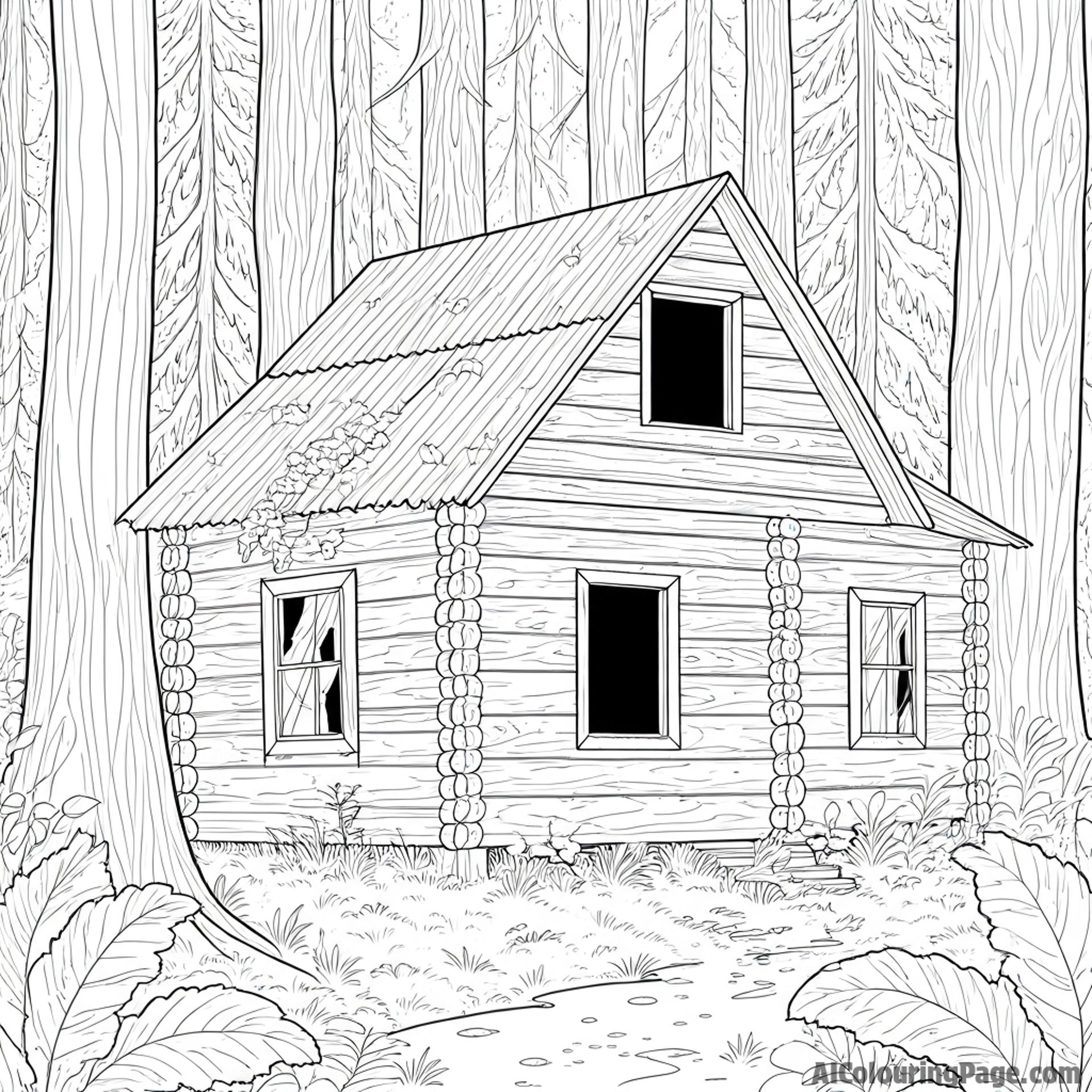Abandoned cabin deep within the forest, overgrown with moss, broken windows, forgotten history.