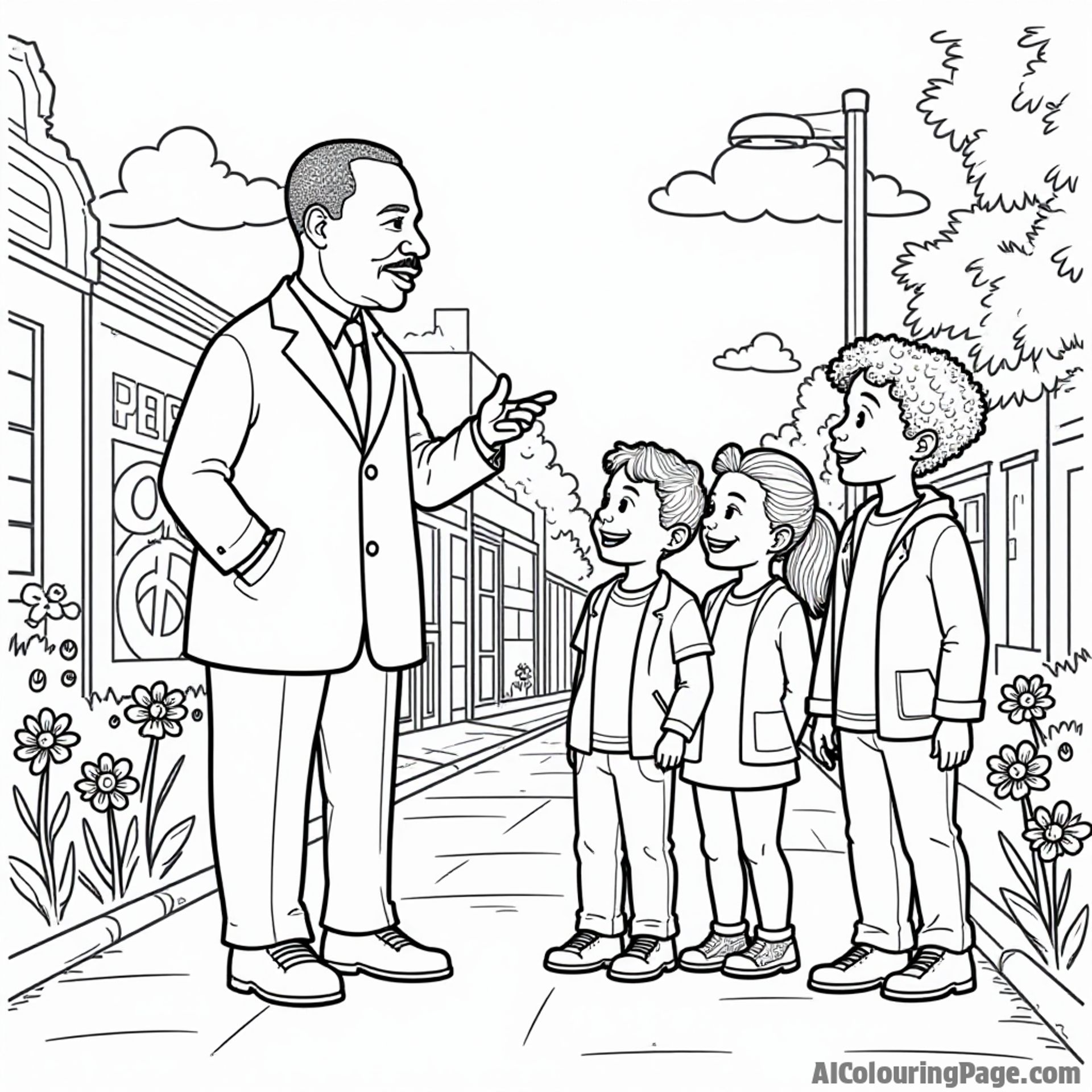 A cheerful street scene with Martin Luther King Jr. talking to kids, a mural of peace behind them, and flowers blooming, encouraging young artists to add their colors.