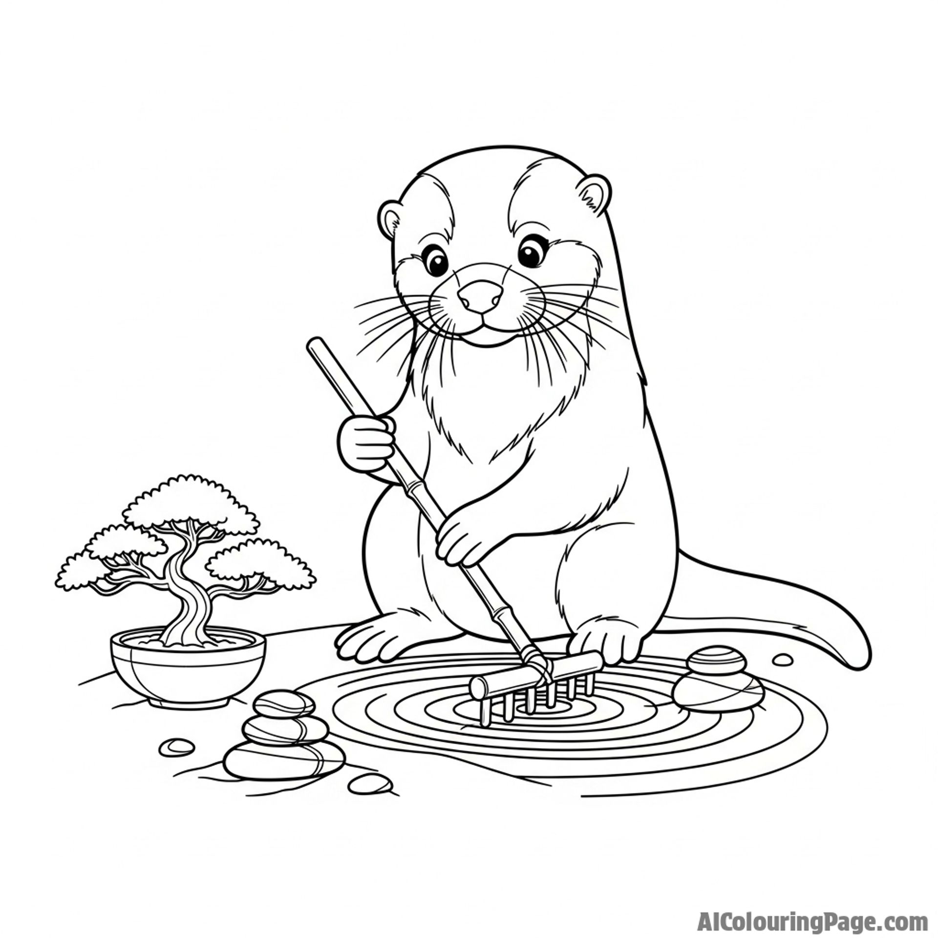 An otter in a zen garden, raking patterns into the sand with a tiny rake.