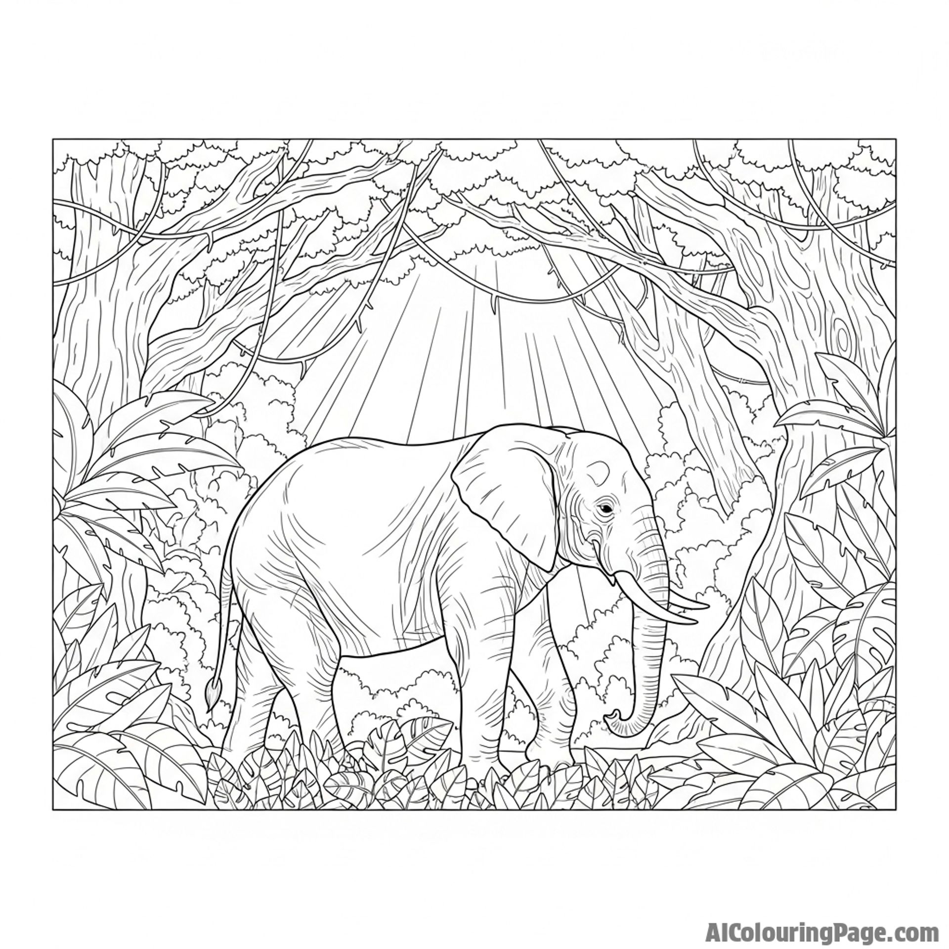 An elephant walking through a dense, ancient jungle, shafts of light breaking through the canopy.