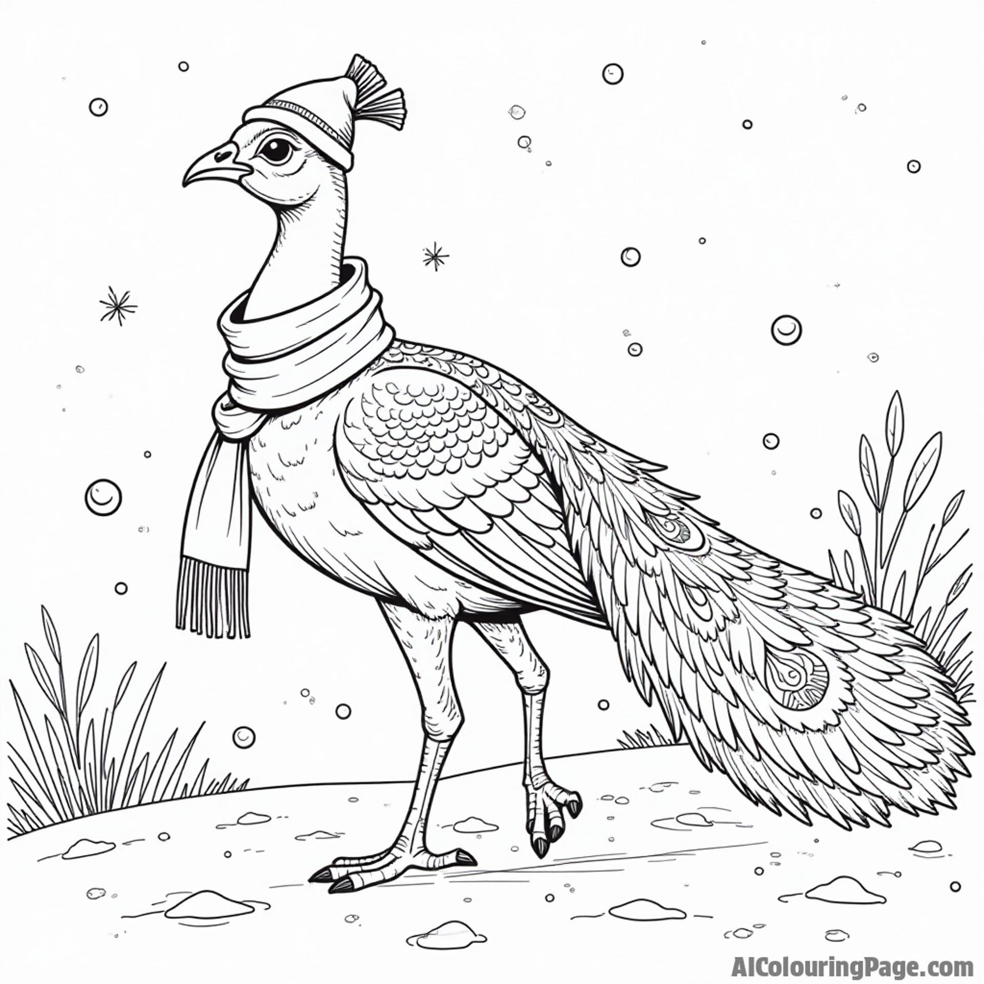 A peacock wearing a scarf and hat, walking through a snowy landscape with snowflakes gently falling around it