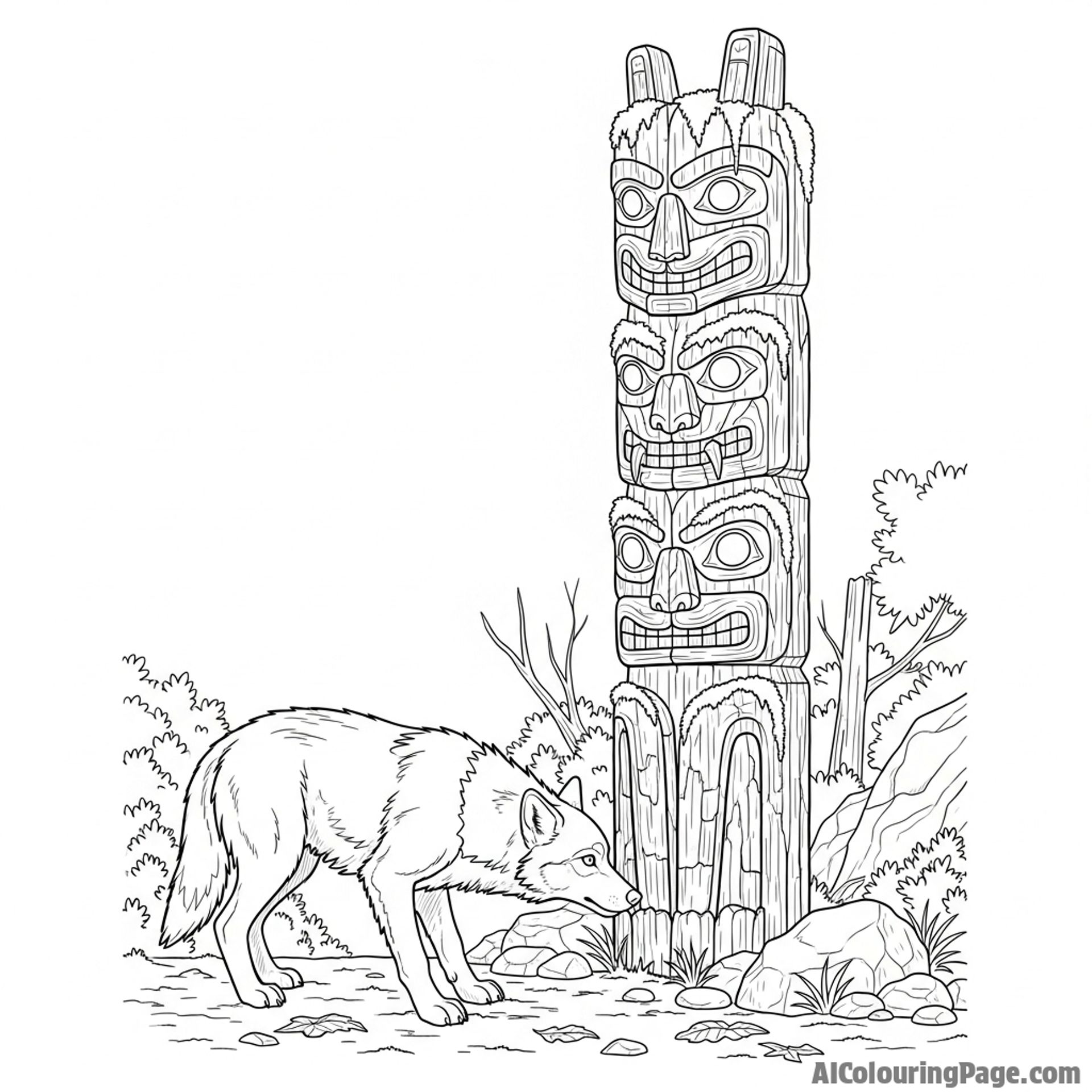A curious wolf sniffing at an ancient, moss-covered totem pole in a forgotten part of the woods.