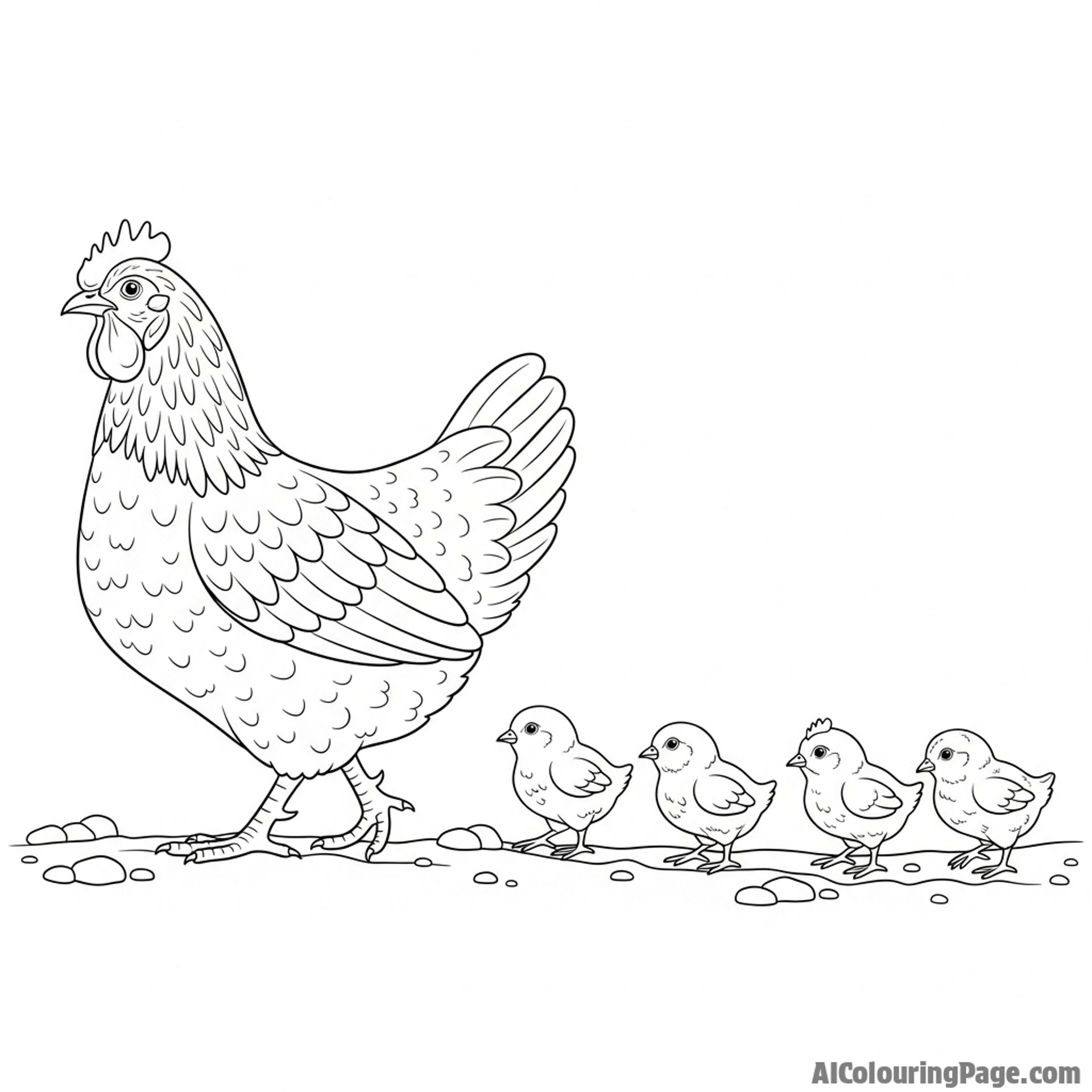 A proud hen leading a line of her chicks across a dusty path.
