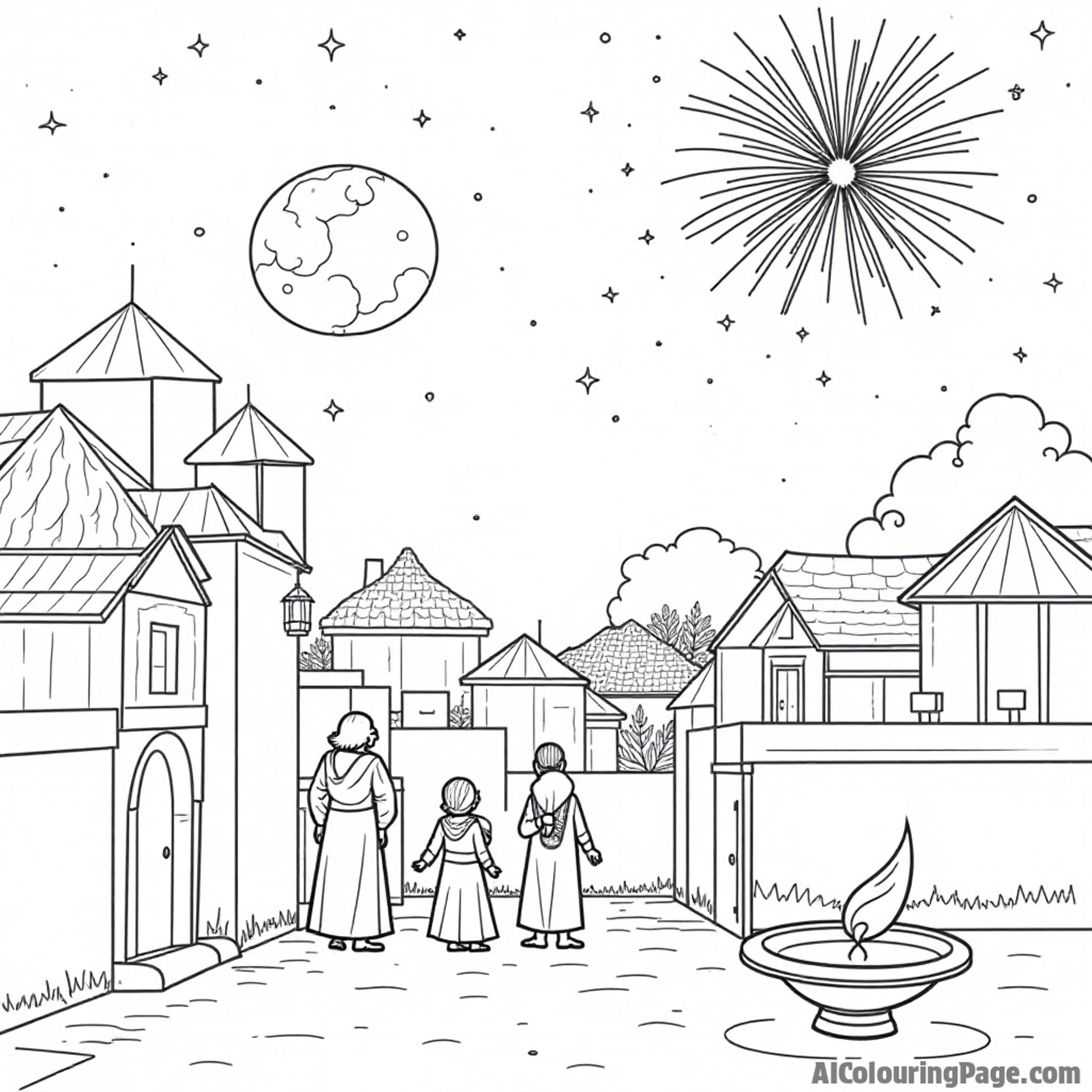 A serene night scene with a full moon, where families gather on rooftops to admire fireworks, creating a magical ambiance of Diwali celebrations, suitable for Festivals and Traditions Coloring Sheets.