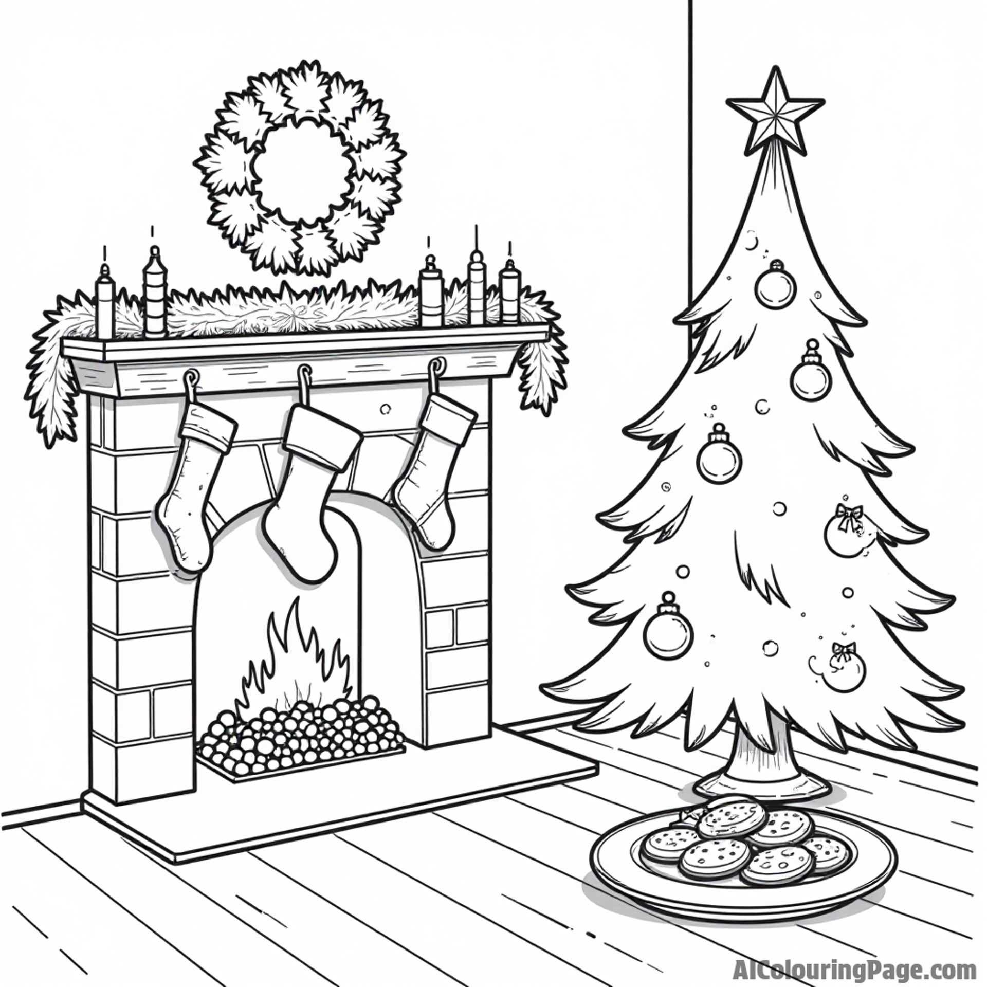 A cozy fireplace adorned with stockings, a Christmas tree with ornaments, and a plate of cookies for Santa waiting.