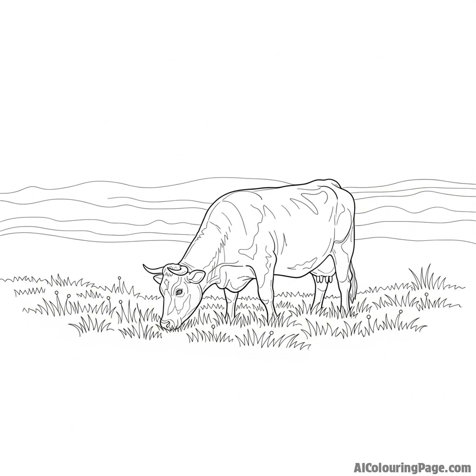 A single cow standing alone in a misty, dew-covered meadow at first light.
