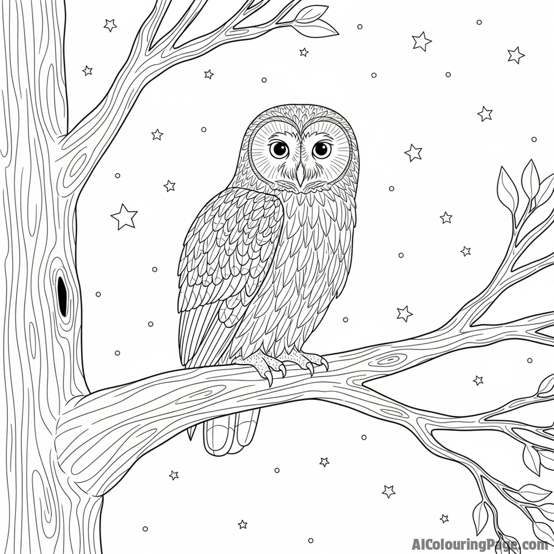 Owl perched on a branch against the backdrop of a night sky.