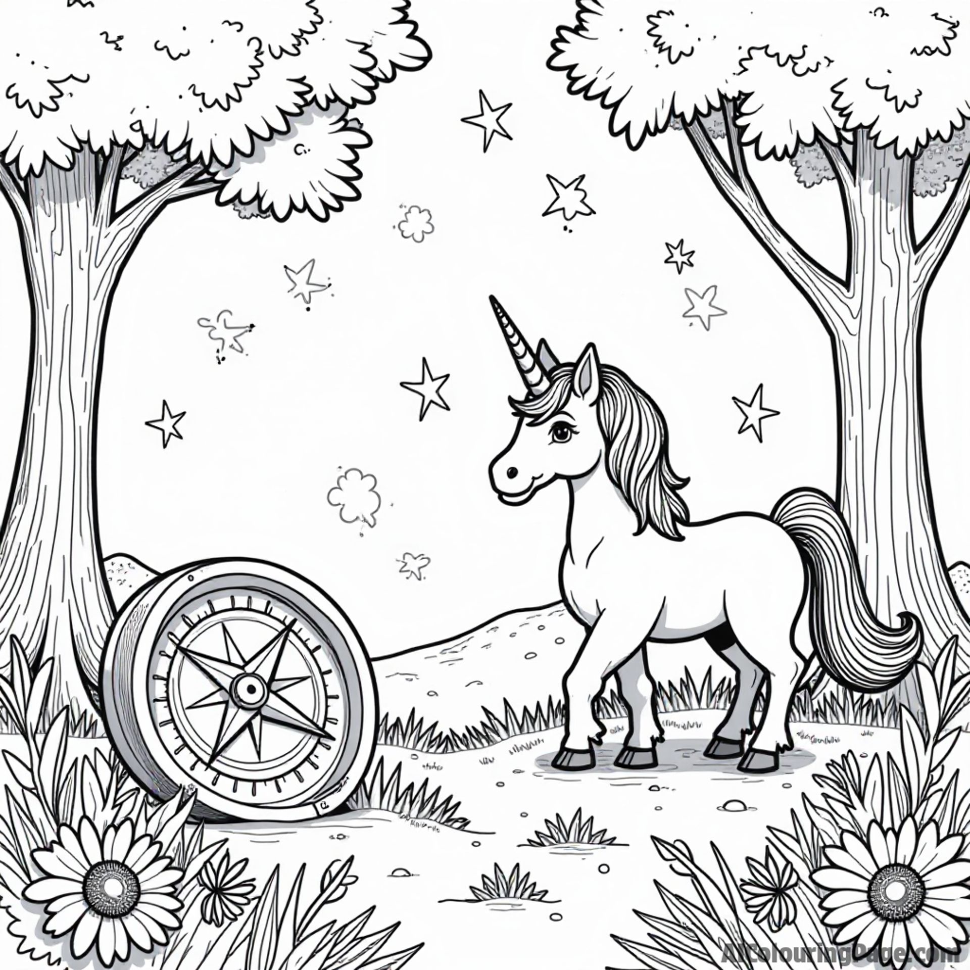 A magical forest scene featuring a large compass, a friendly unicorn, and sparkling stars, inviting children to embark on a fantastical adventure through their coloring book.
