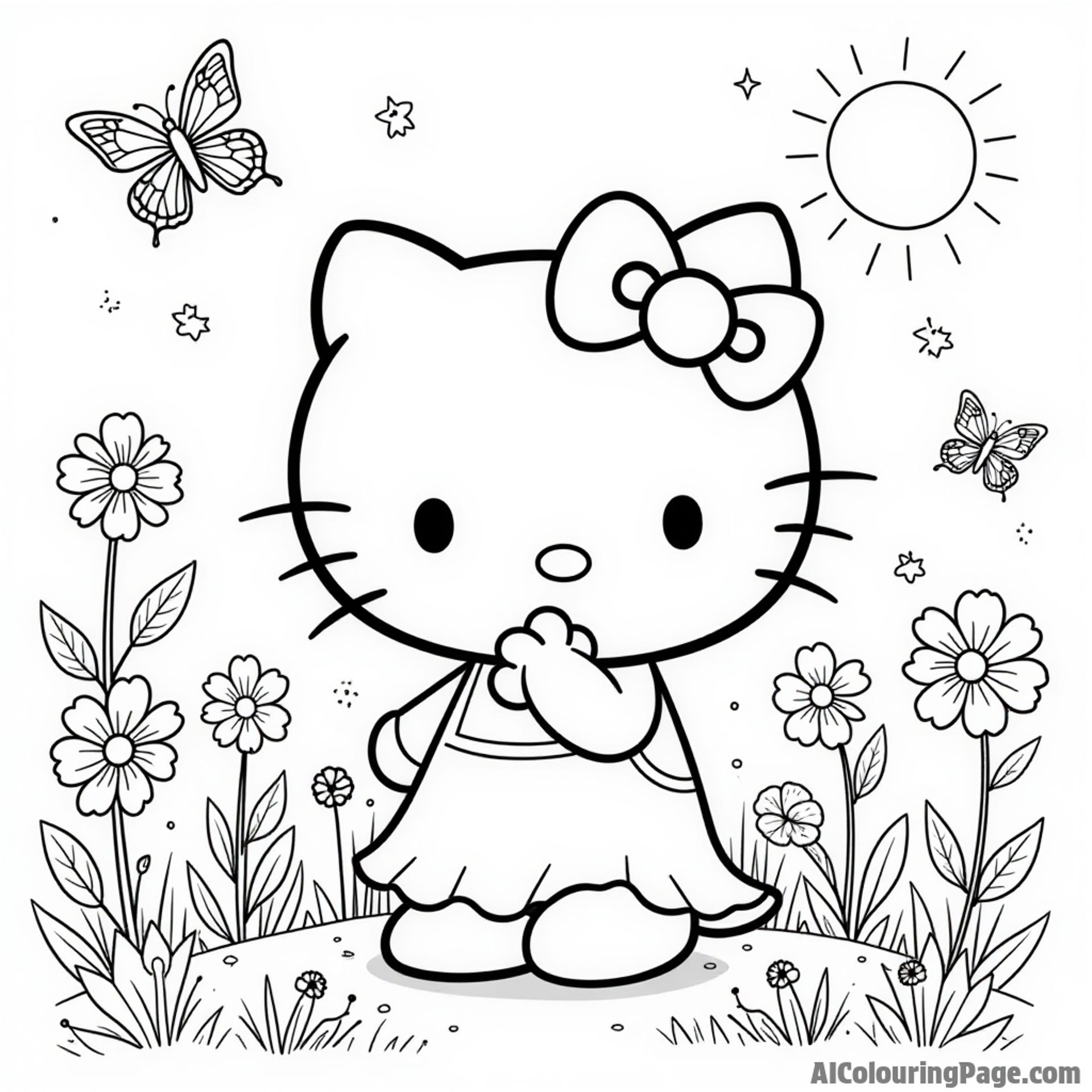 Hello Kitty playing in a flower field with butterflies, ladybugs, and a bright sun shining overhead