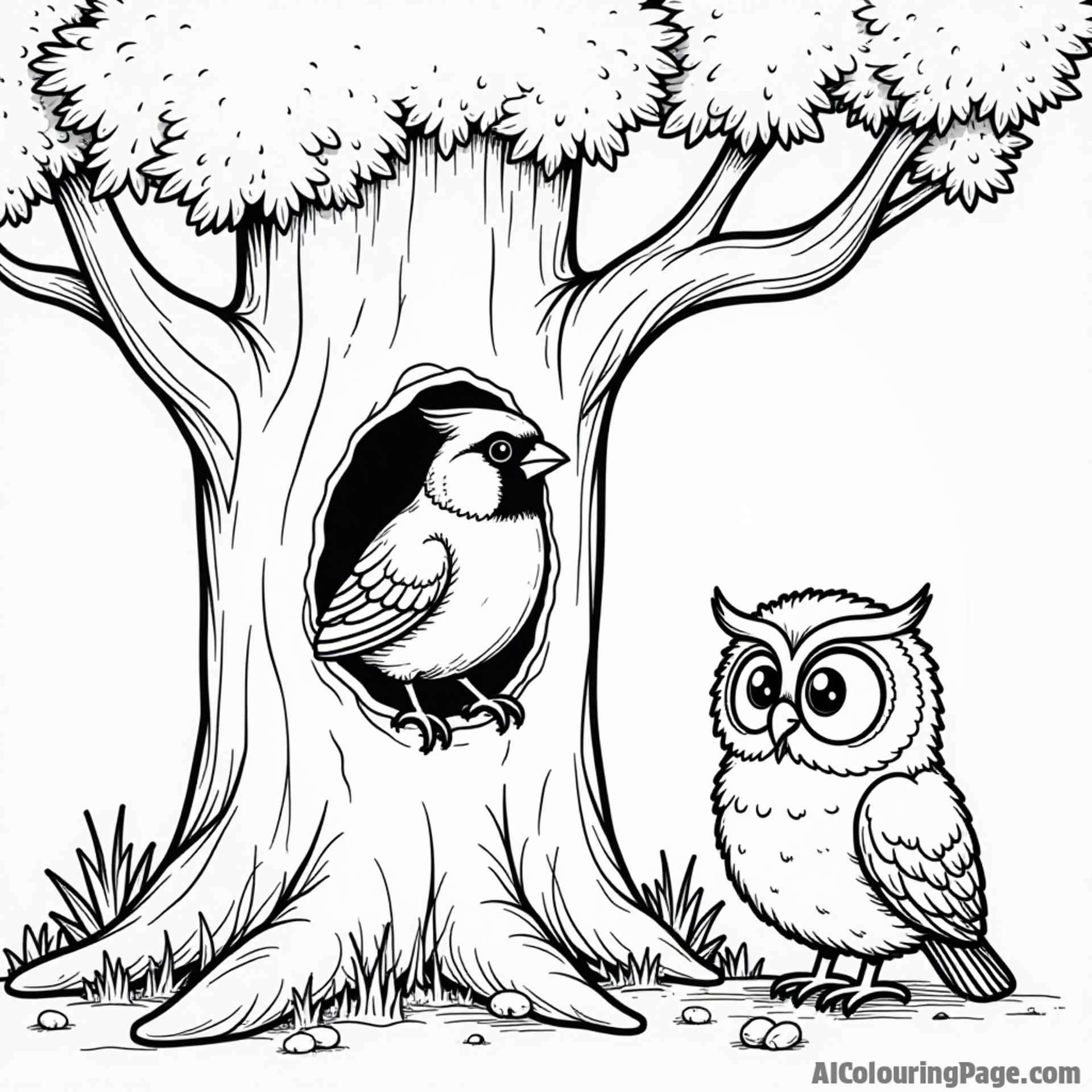 A cardinal peeking out of a hollow tree, with a friendly owl nearby, creating a fun woodland scene for kids to color.
