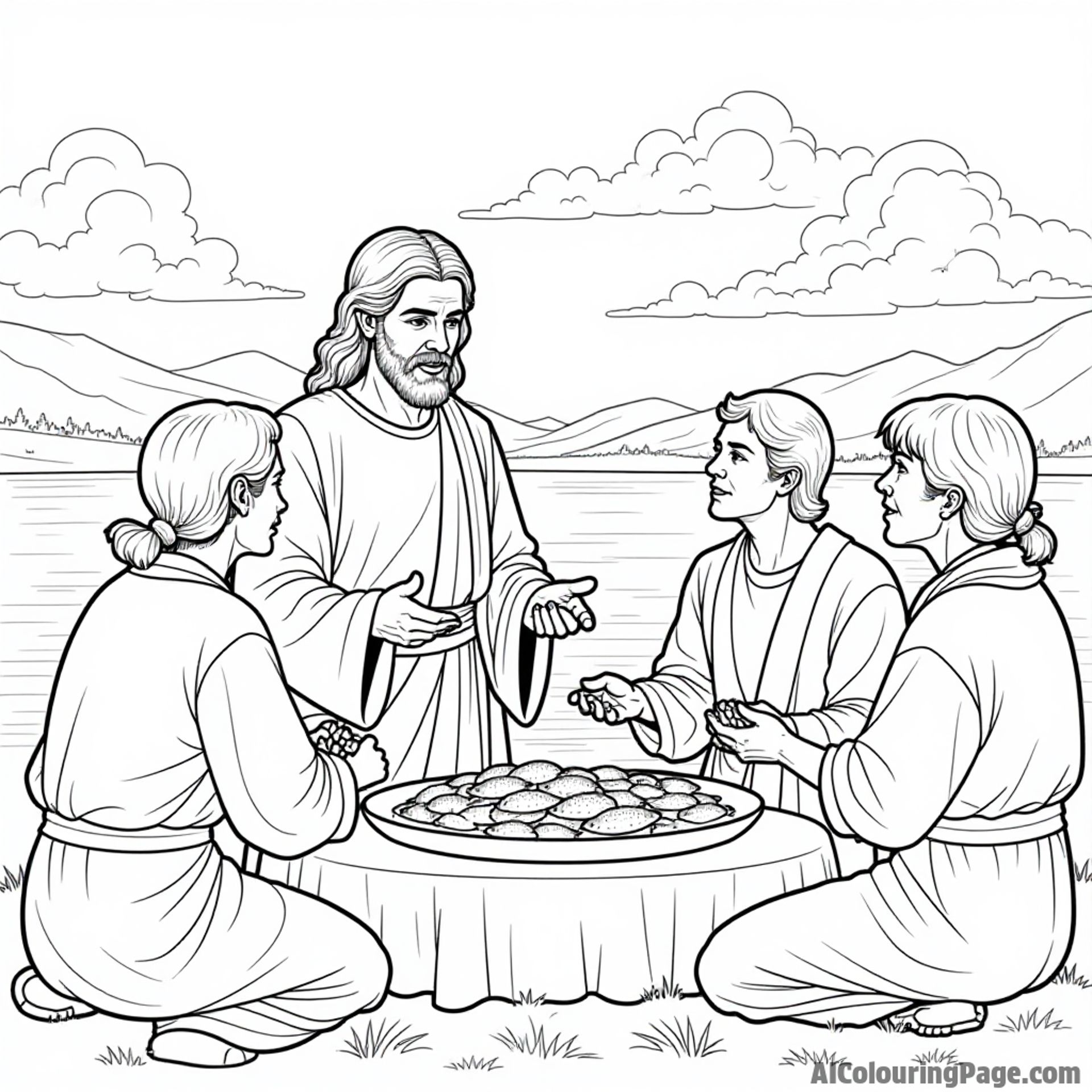 Jesus sharing bread and fish with a diverse group of people, serene lake in the background, soft clouds above