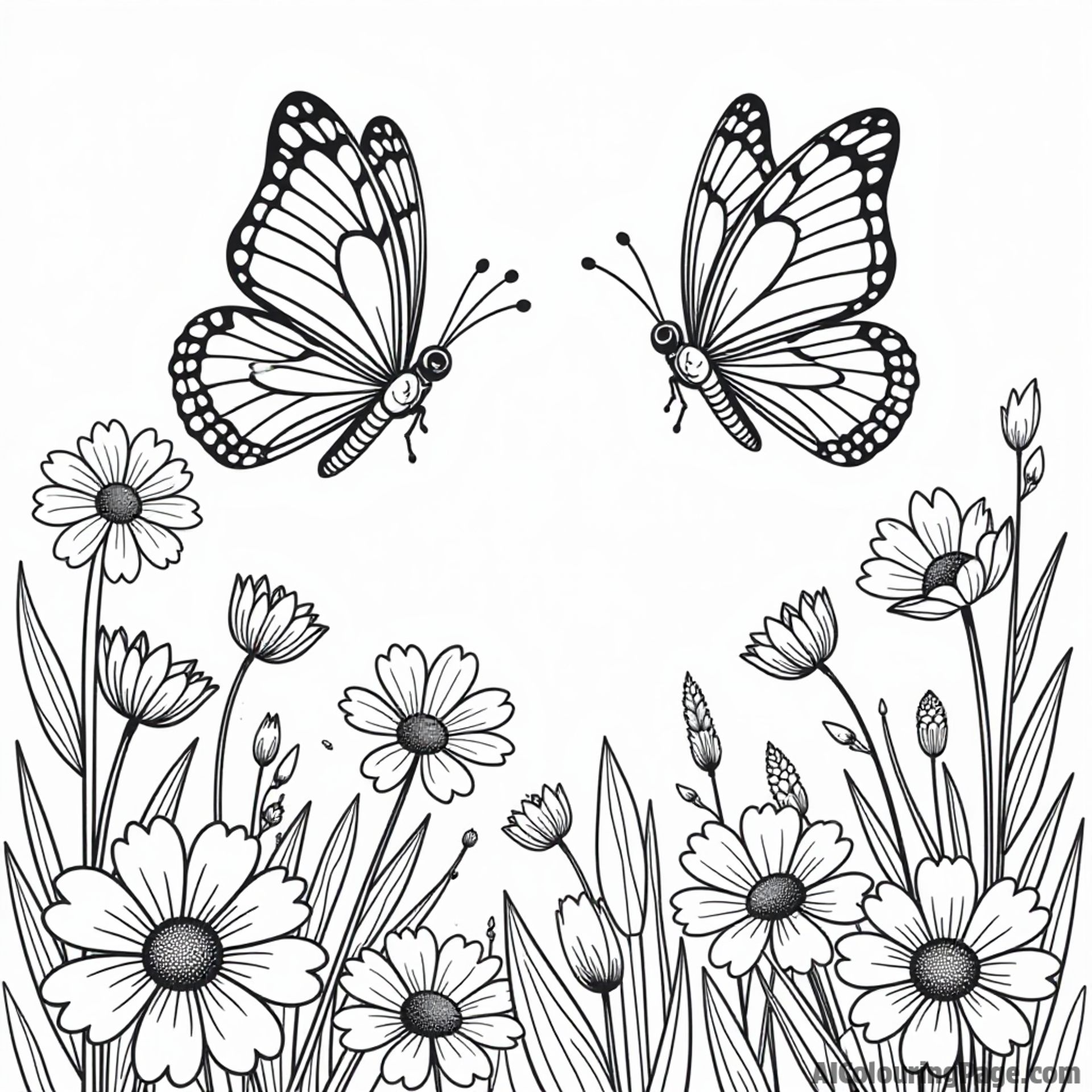 Two butterflies dancing in the air above a blooming garden filled with flowers, inviting kids to color their world.