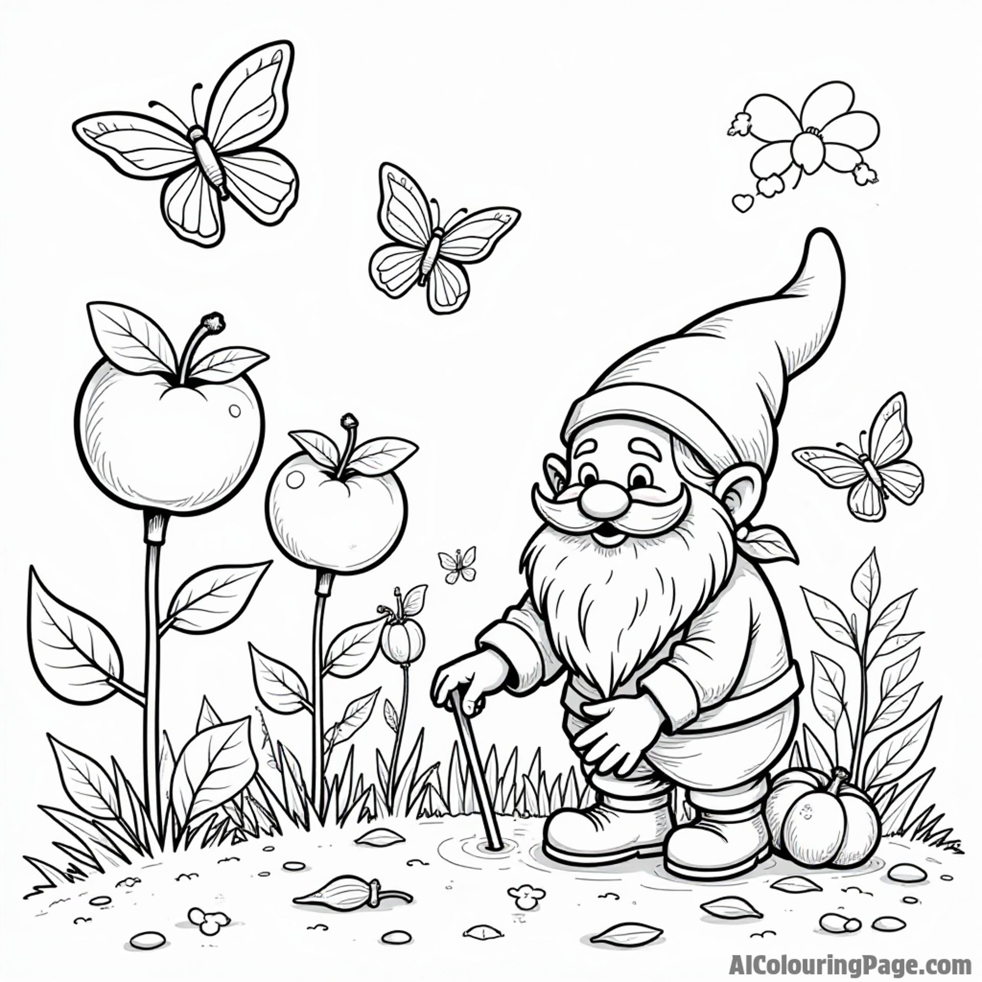 A whimsical apple garden with flowers shaped like apples, butterflies, and a friendly gnome tending to the plants.