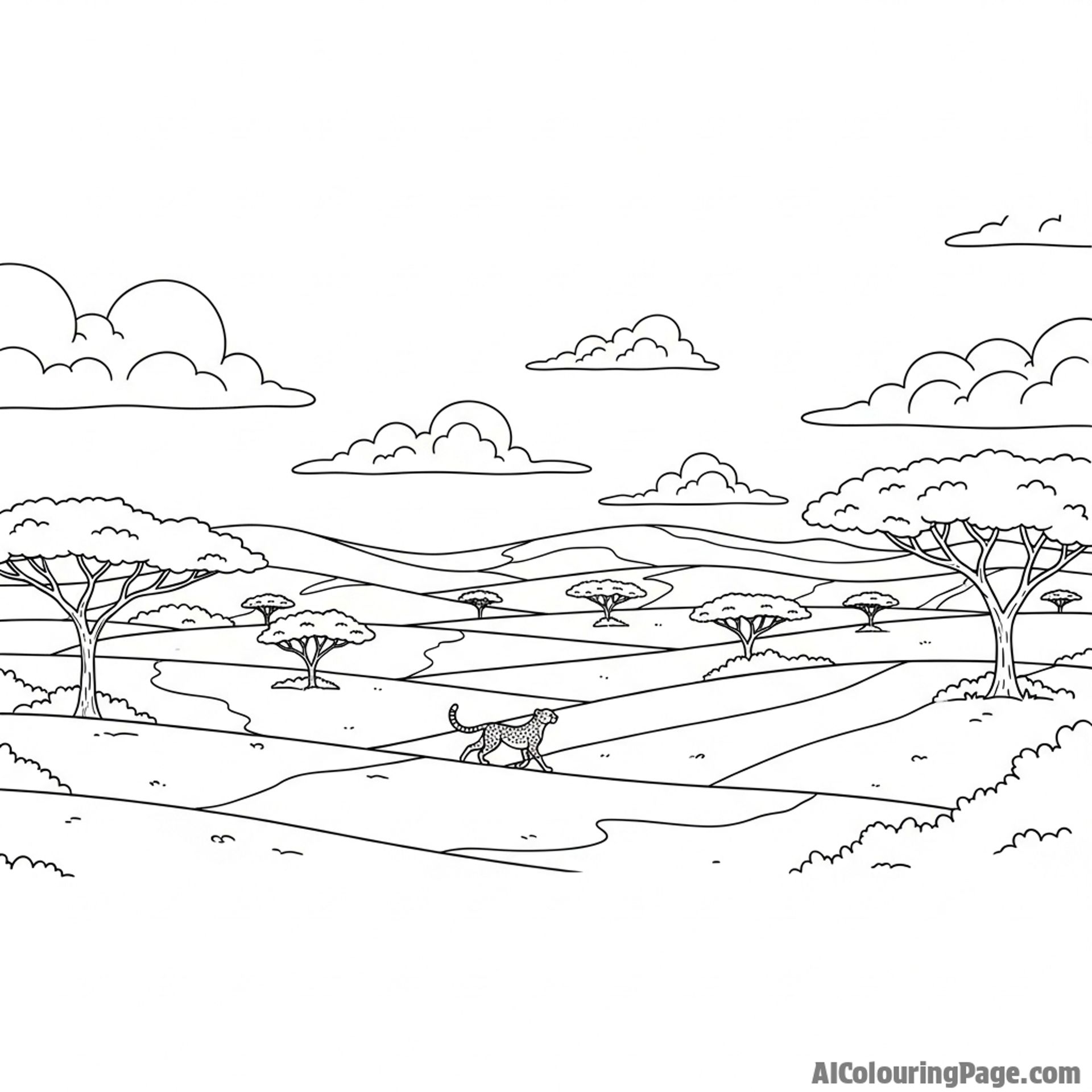 A wide-angle landscape with a tiny cheetah figure, emphasizing the vastness of the plains.