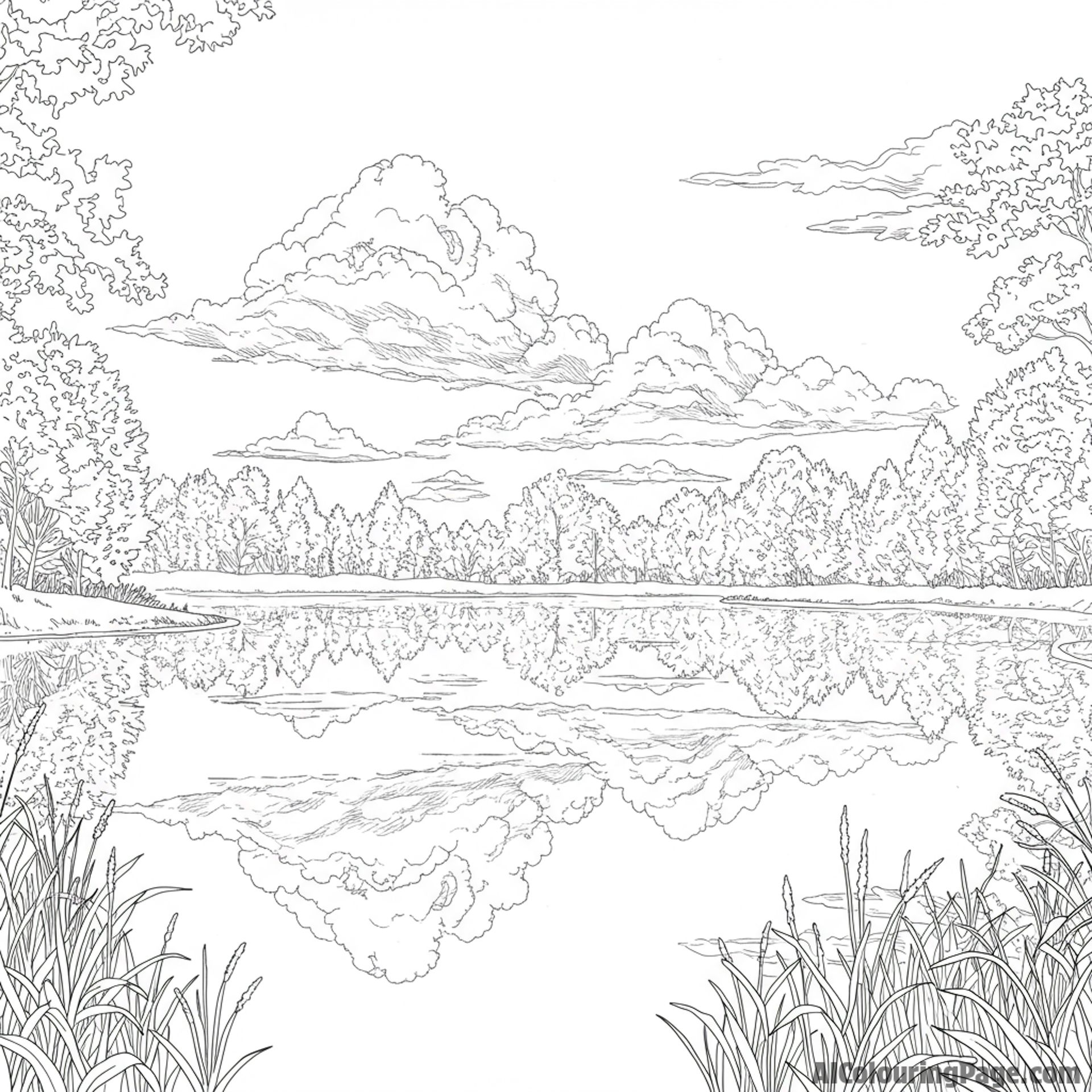 Clouds reflected in a still lake surrounded by trees.