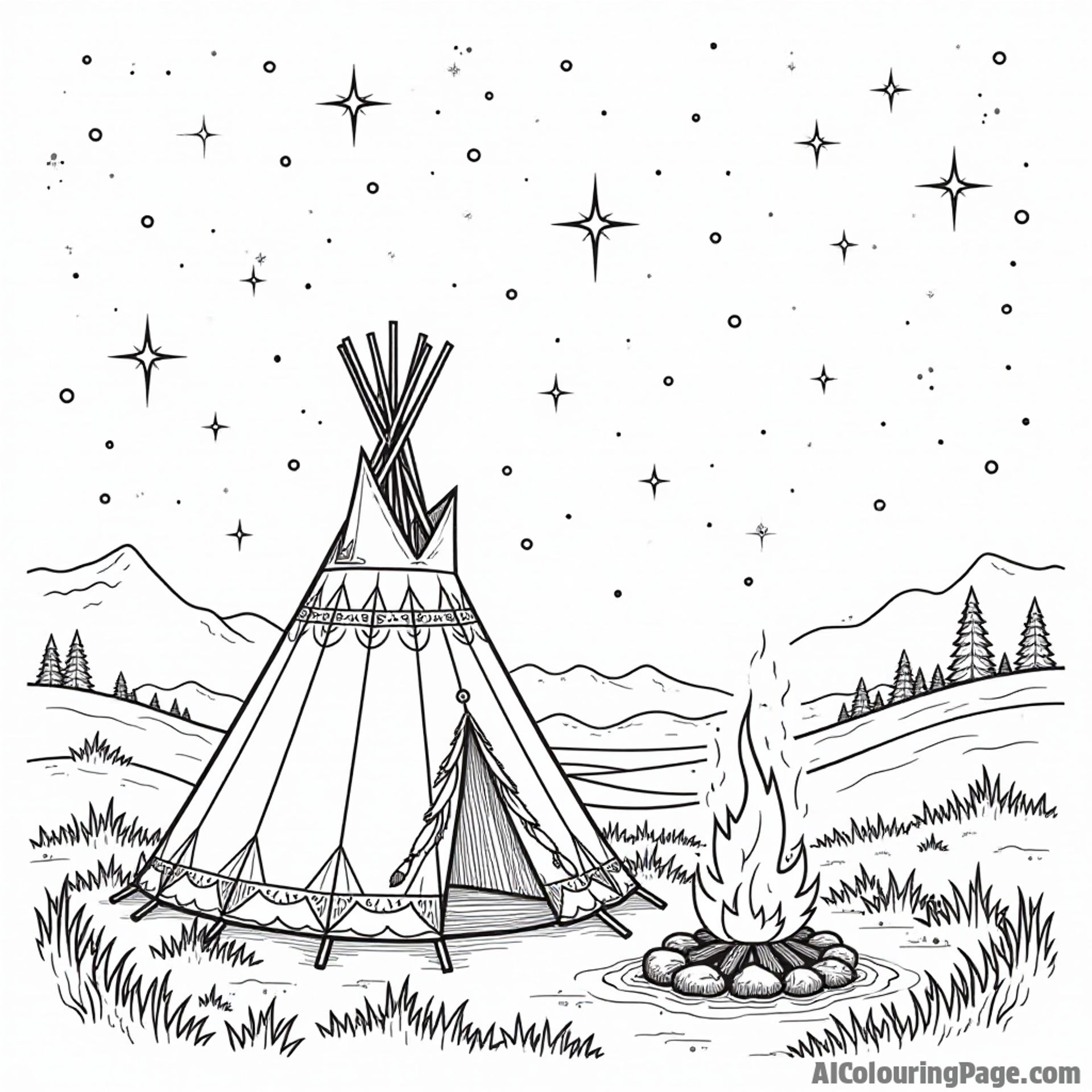 A Native American teepee next to a campfire, with a starry Wyoming night sky filled with constellations above.