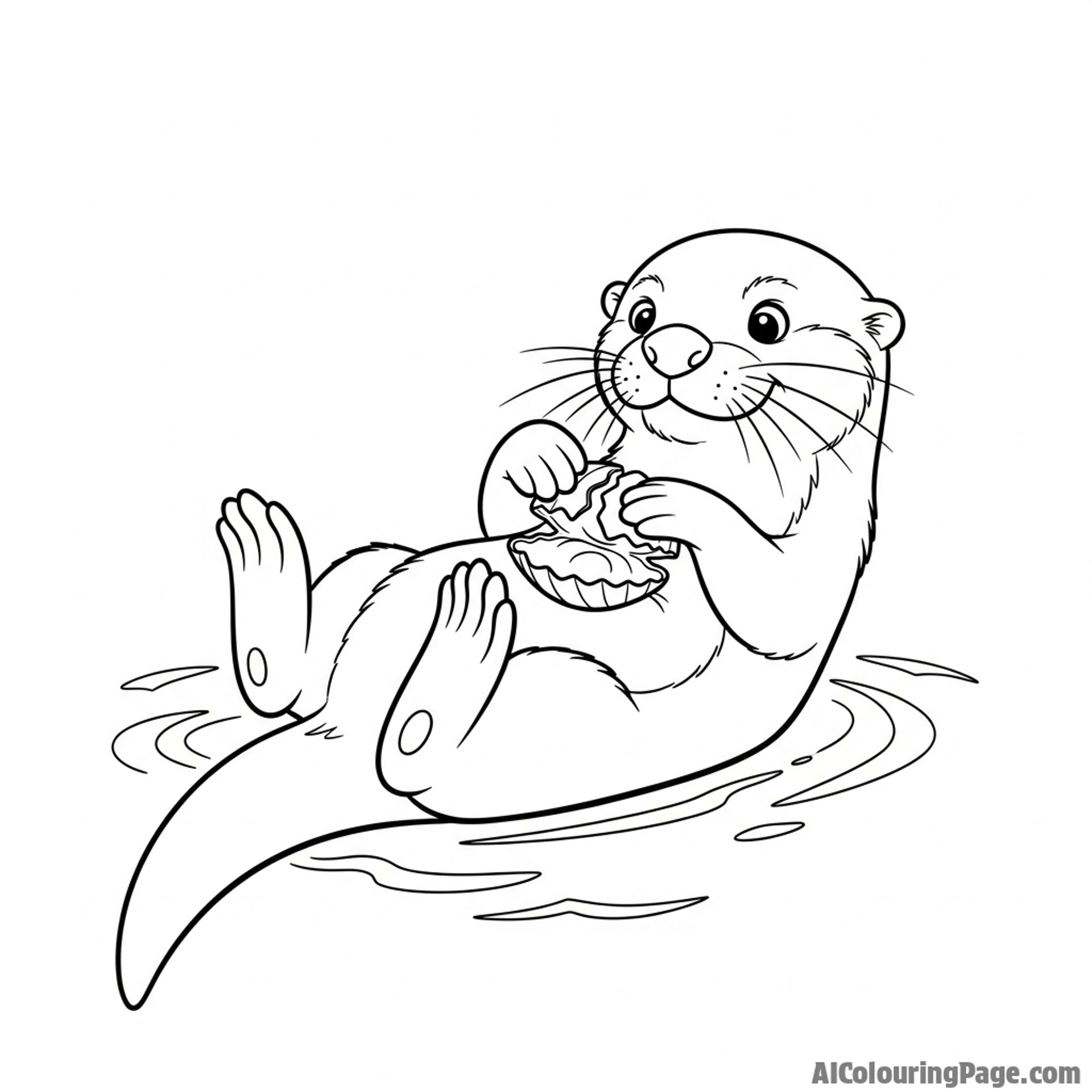 An otter floating on its back, cracking a shell on its stomach