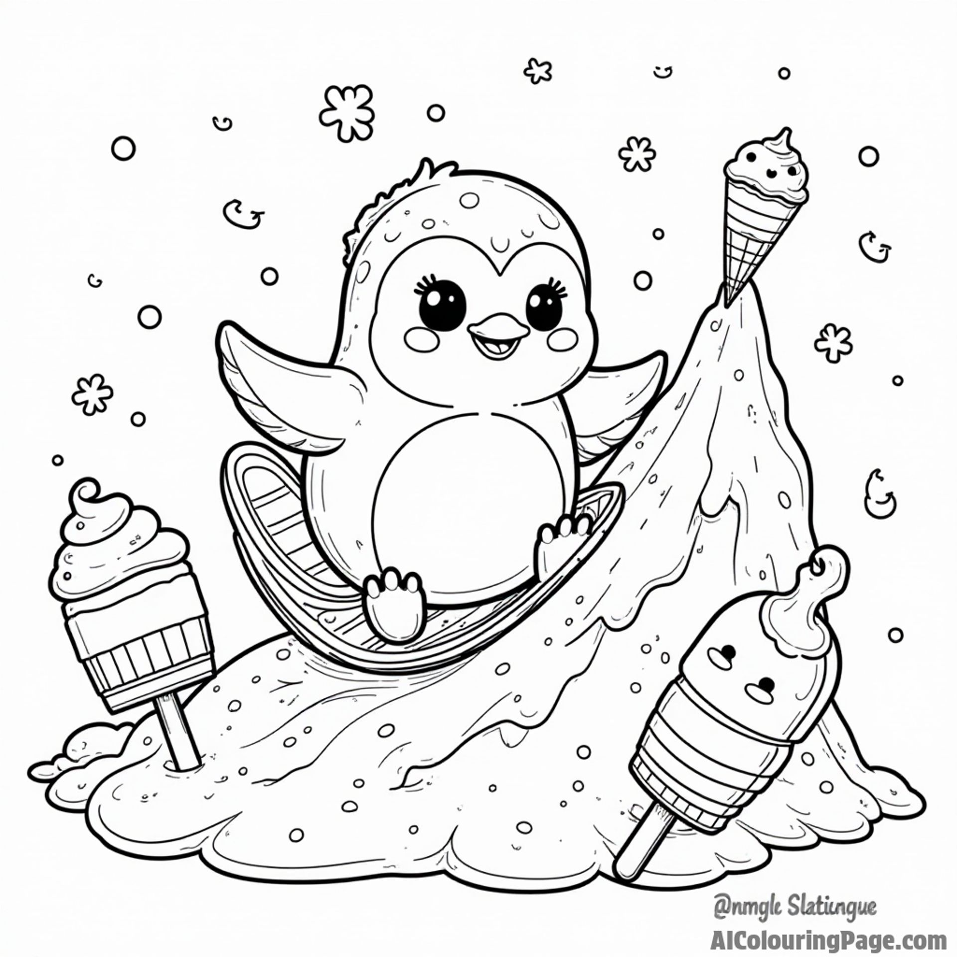 A cute penguin sliding down an ice cream cone mountain, surrounded by snowflakes and colorful popsicles