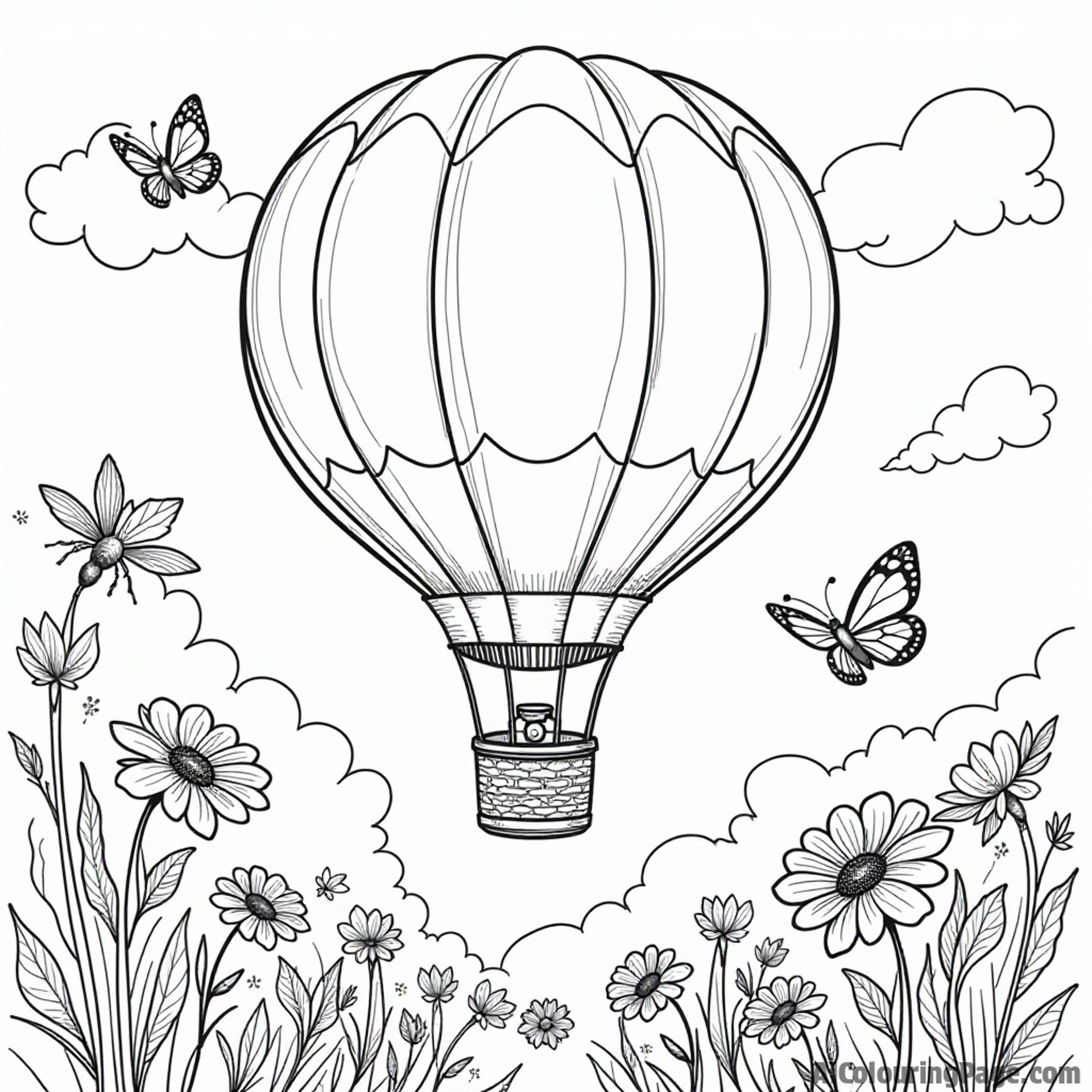 A hot air balloon shaped like a giant flower, drifting above a garden filled with butterflies and bees, perfect for kids to color their own nature adventure.