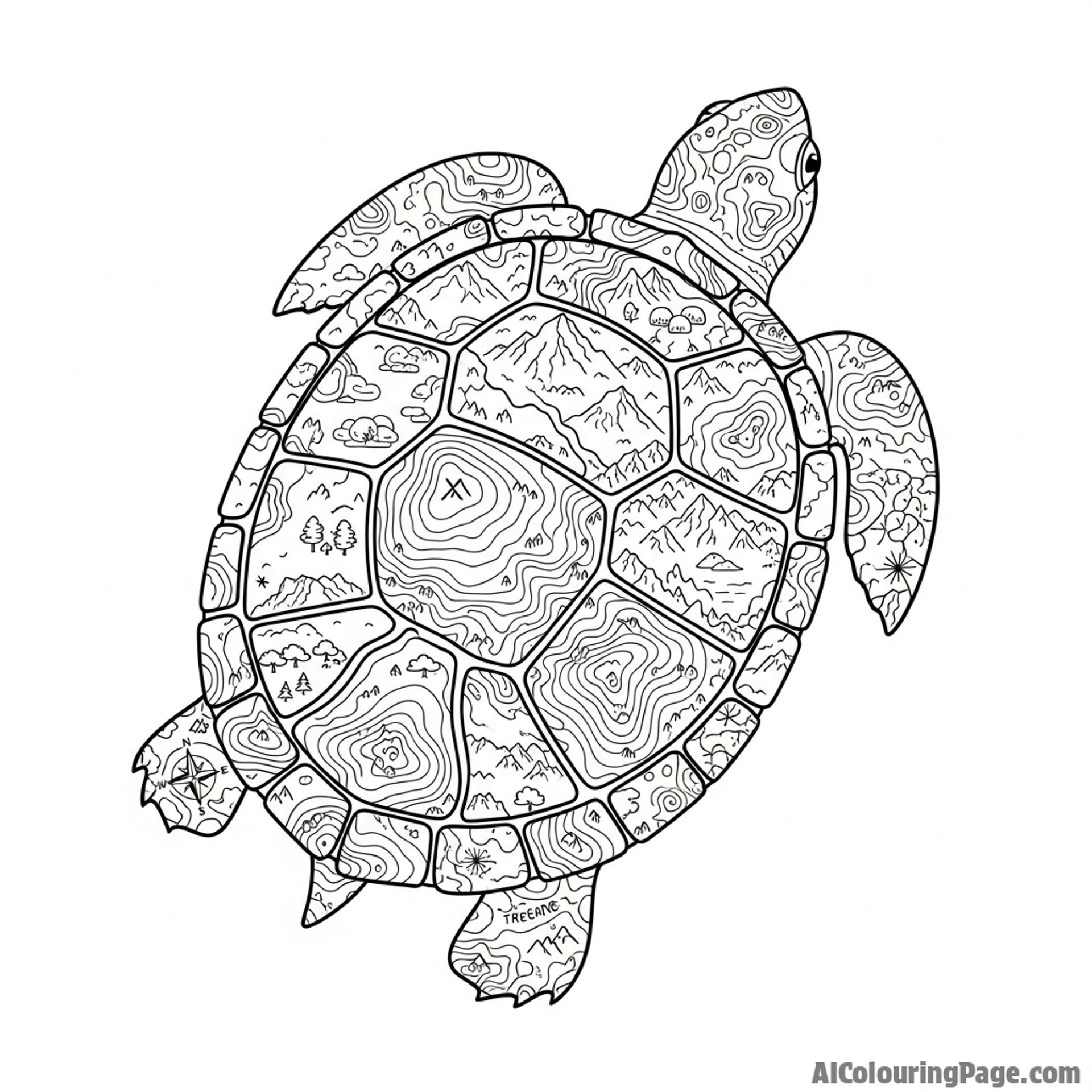 A turtle's shell as a detailed topographical map of an unknown land.