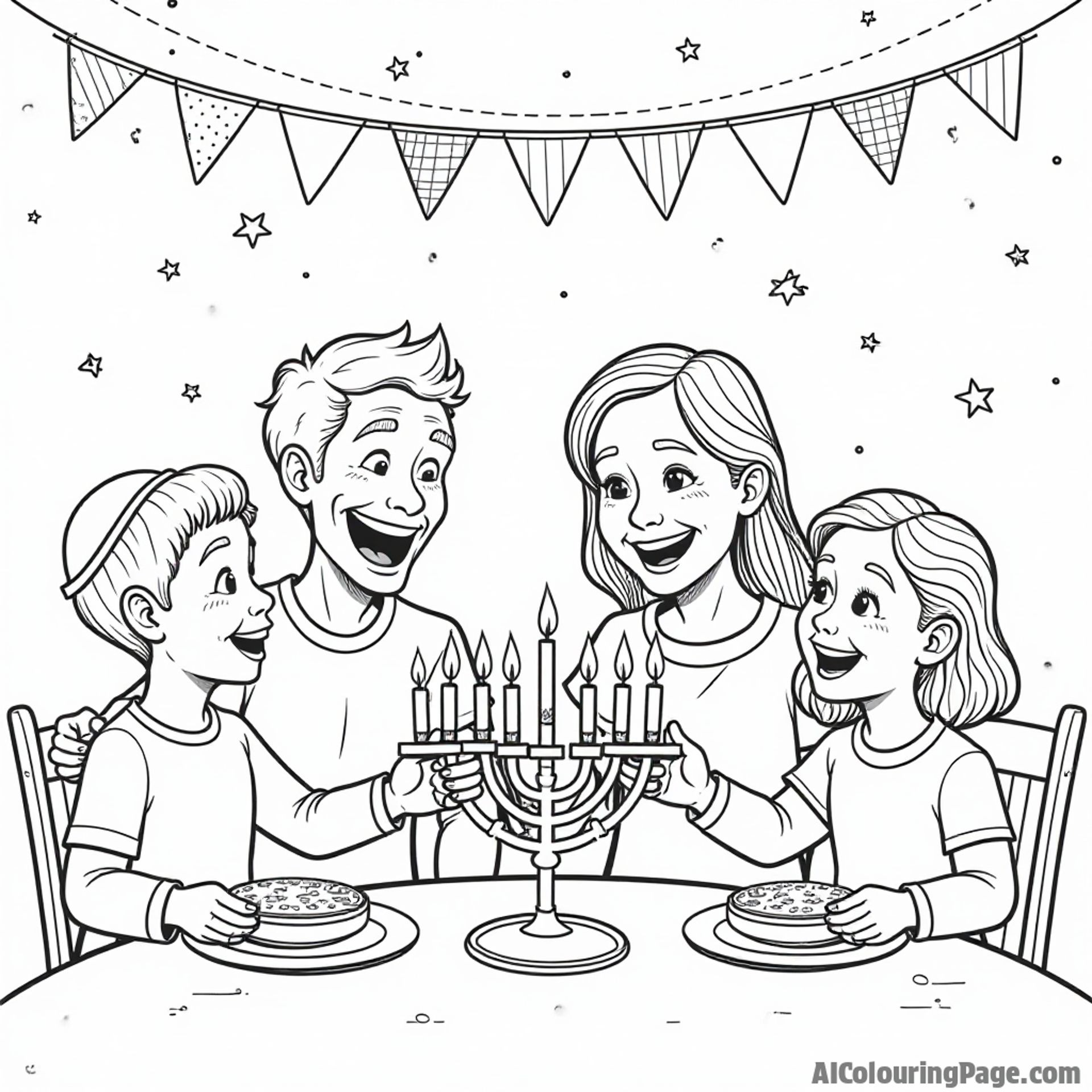 A joyful family gathered around a table, lighting the menorah together, with colorful decorations hanging above, creating a warm and festive Hanukkah atmosphere for kids to color.