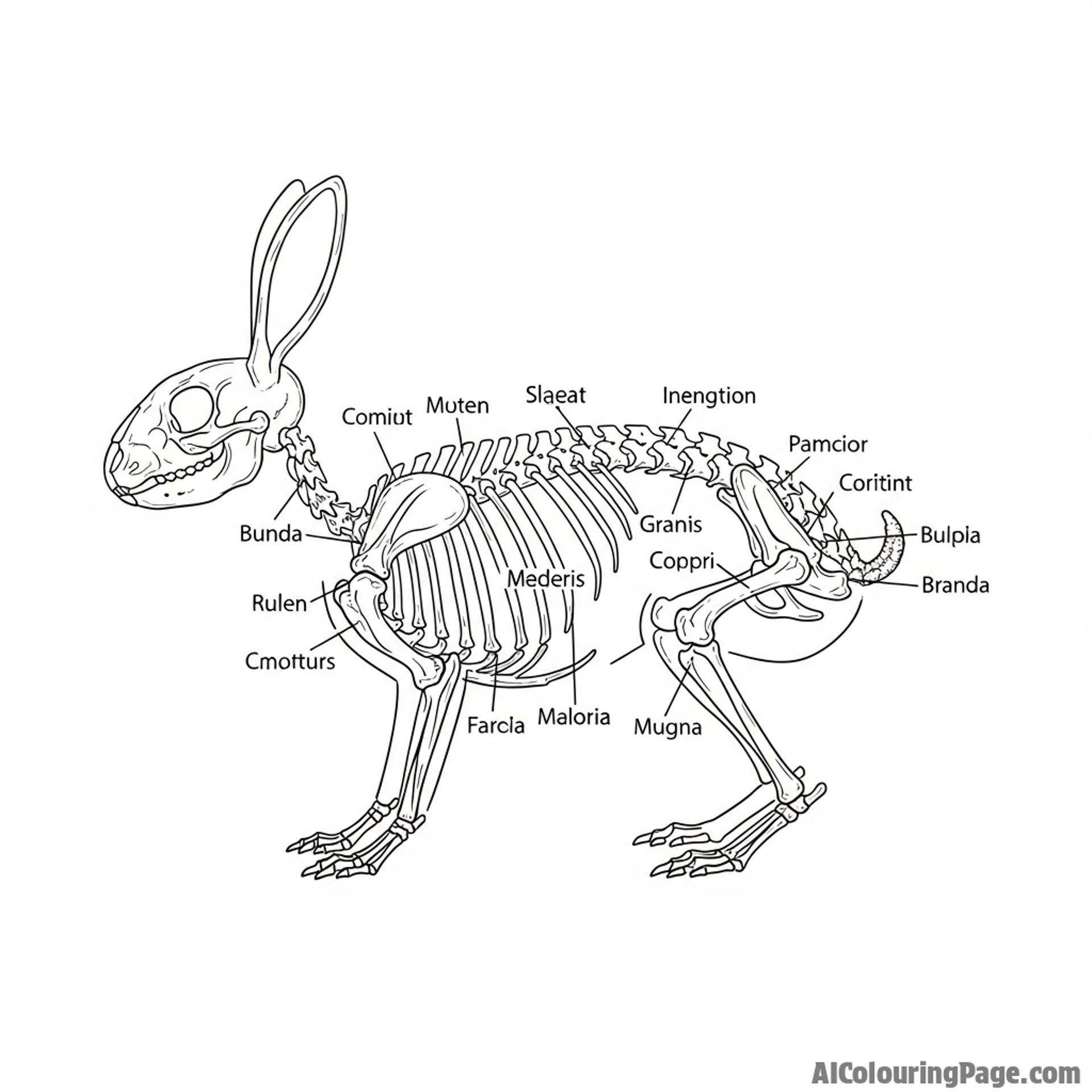 A detailed scientific illustration of a bunny's skeletal structure, anatomy chart style.