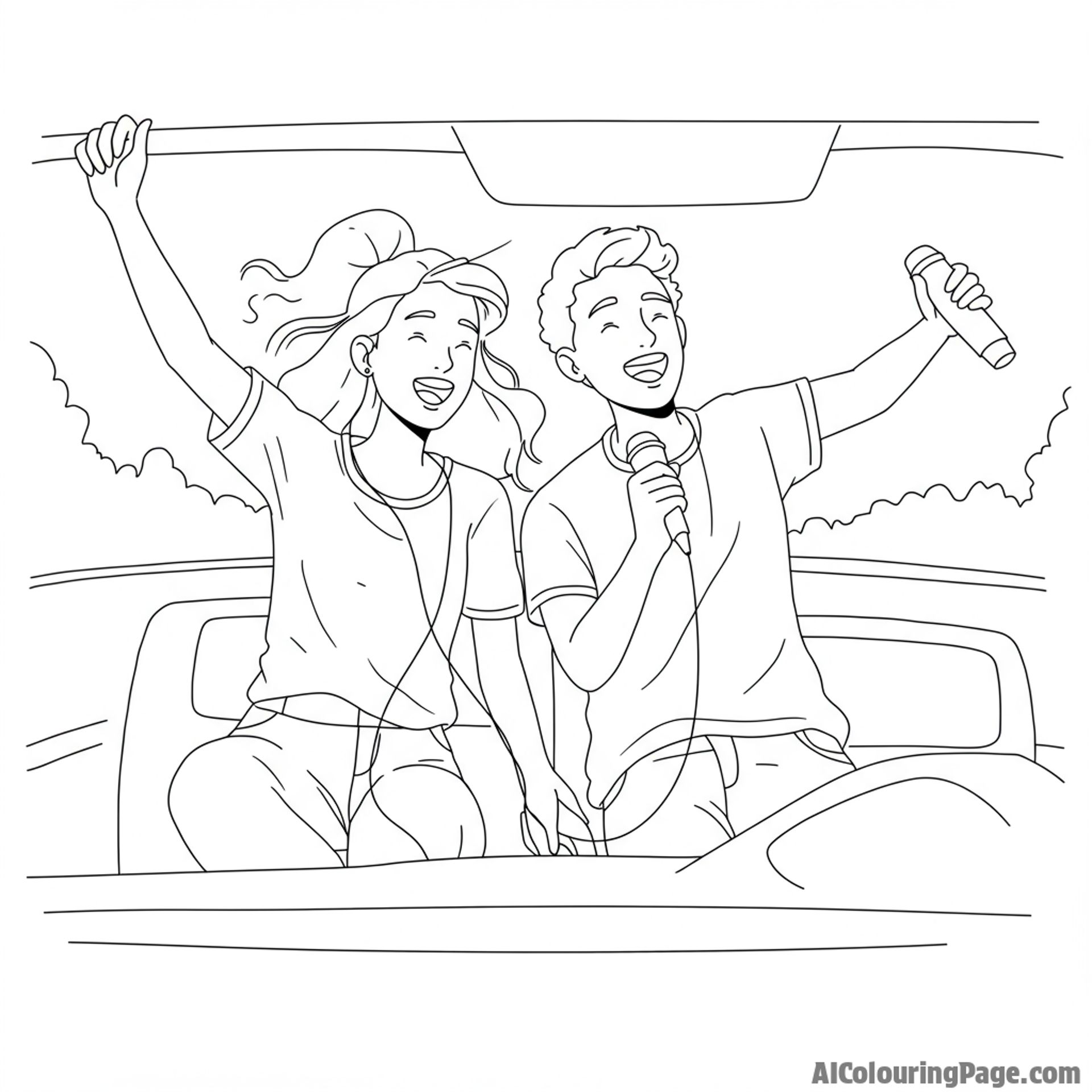 Two best friends on a road trip, singing along to music with the windows down.